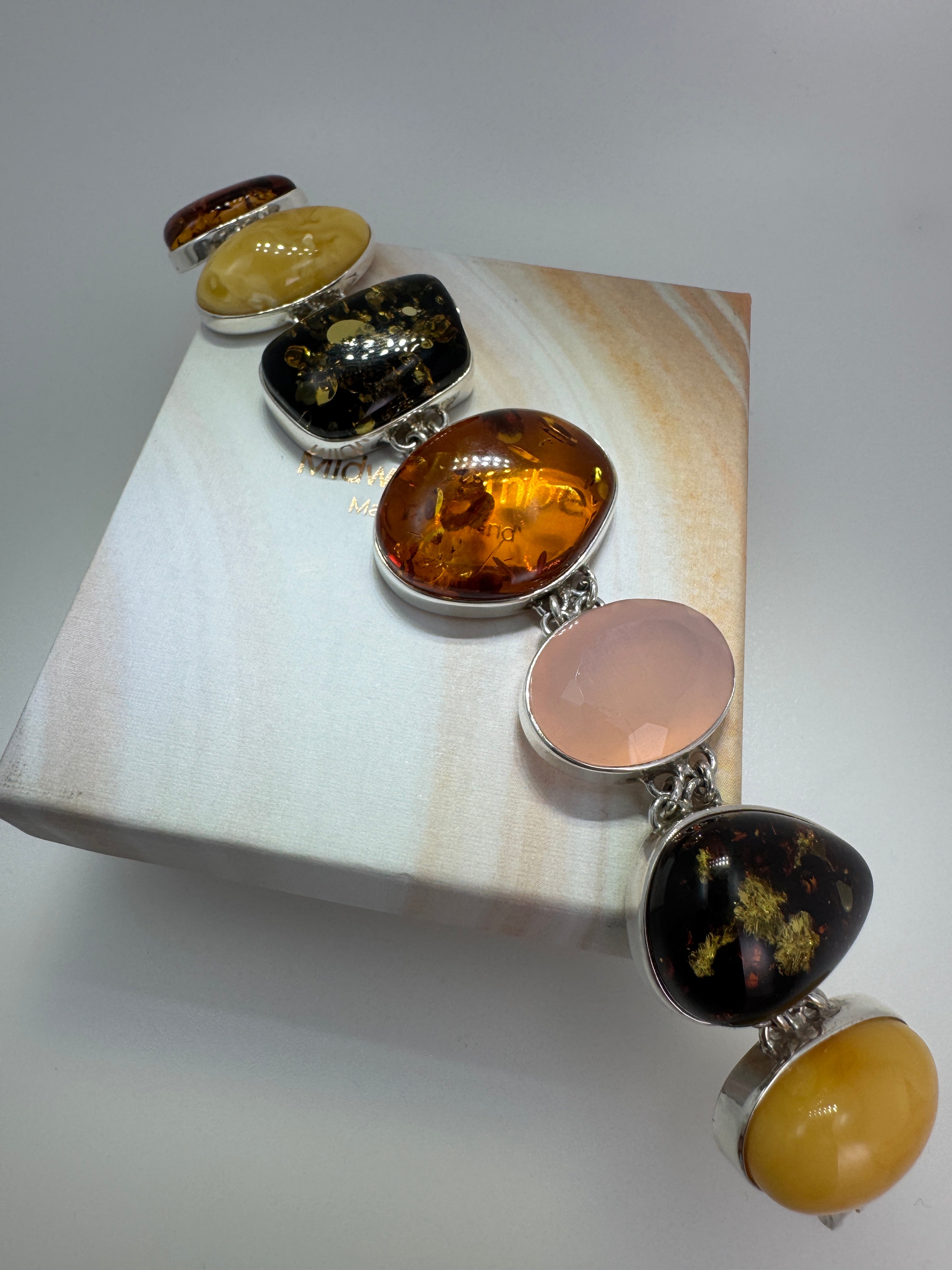 Handmade Sterling Silver Multicolor Baltic Amber & Rose Quartz Link Bracelet – Green, Butterscotch & Cognac Amber, One-of-a-Kind Artisan Jewelry