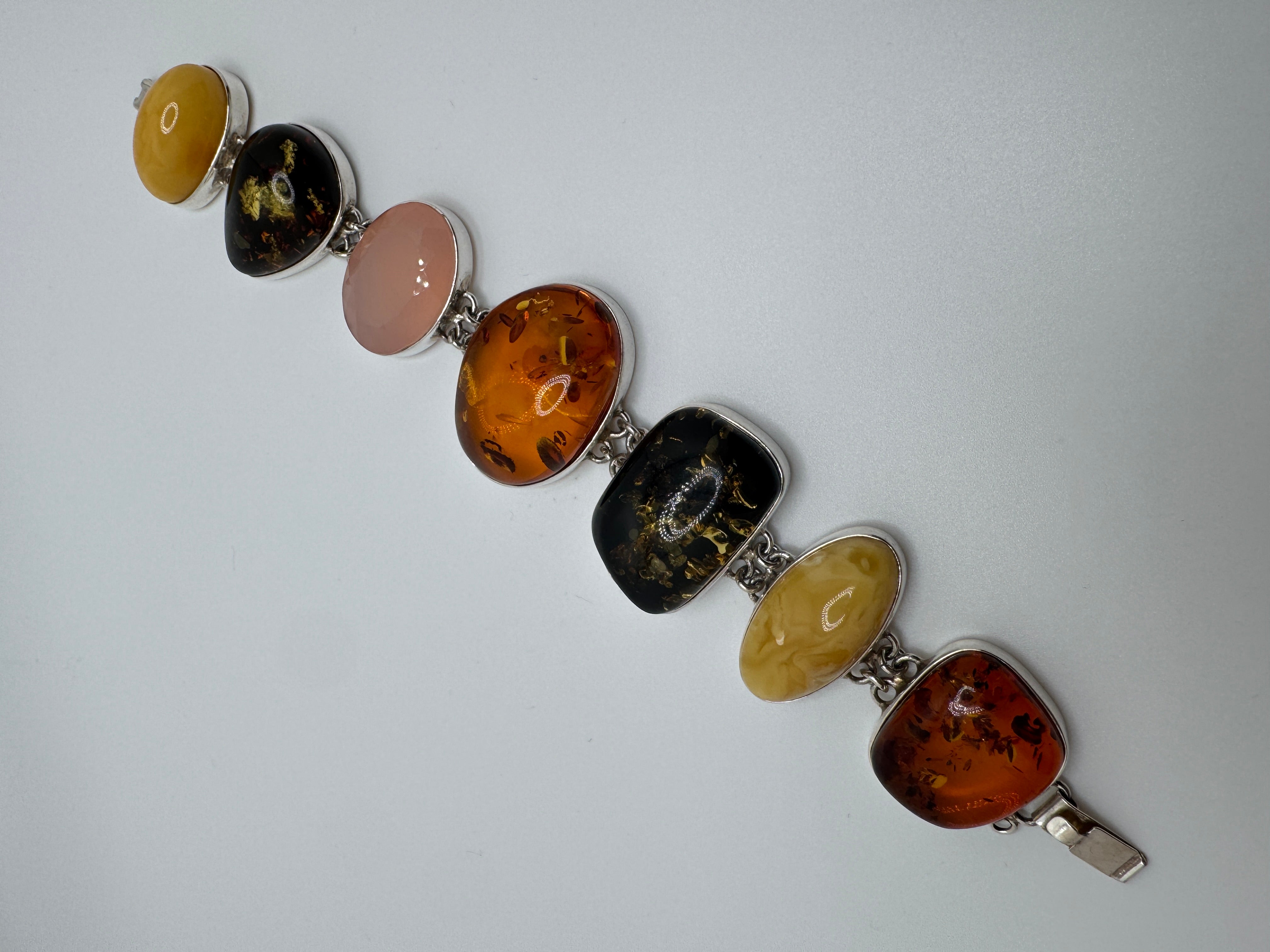 Handmade Sterling Silver Multicolor Baltic Amber & Rose Quartz Link Bracelet – Green, Butterscotch & Cognac Amber, One-of-a-Kind Artisan Jewelry
