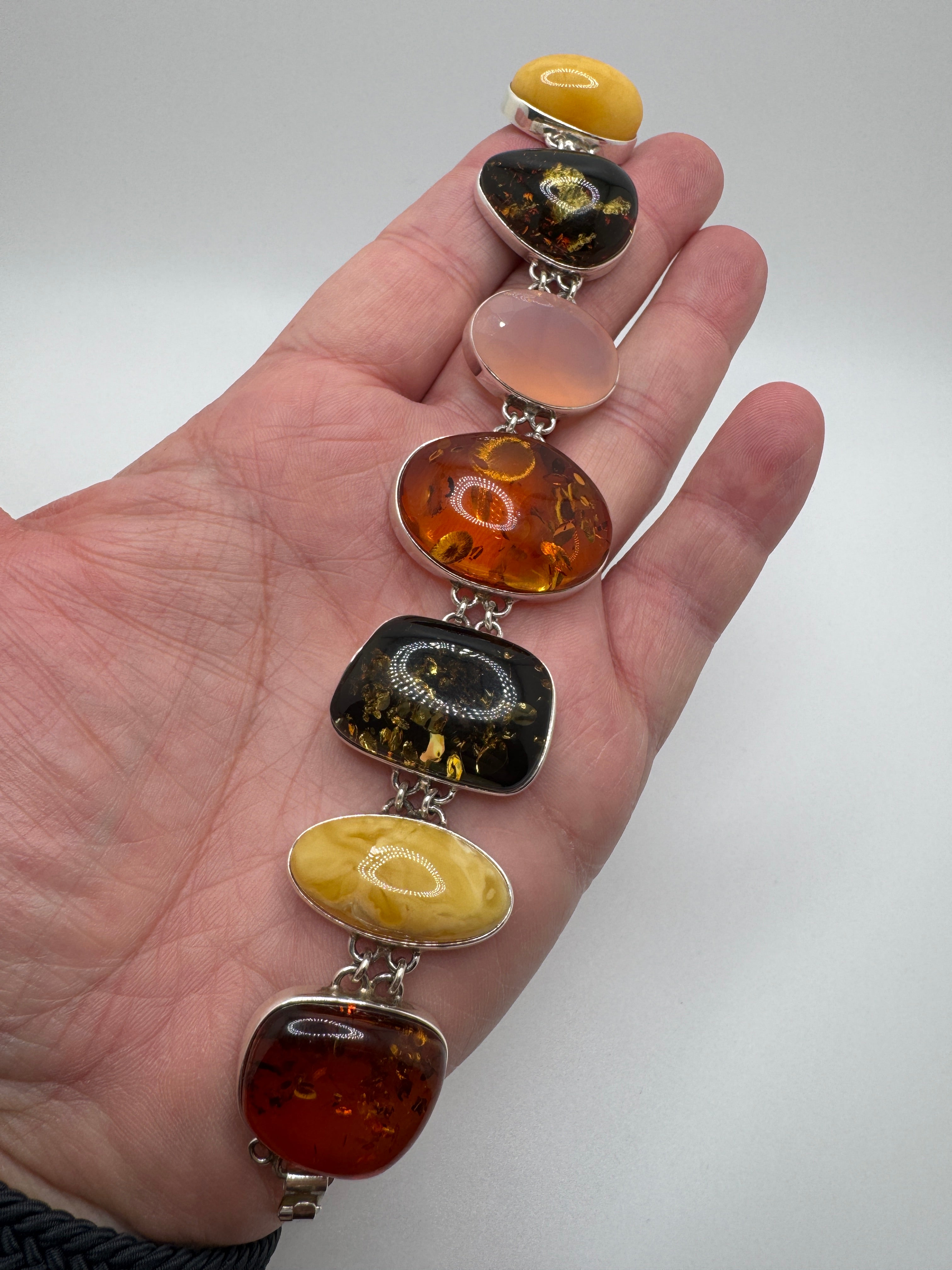 Handmade Sterling Silver Multicolor Baltic Amber & Rose Quartz Link Bracelet – Green, Butterscotch & Cognac Amber, One-of-a-Kind Artisan Jewelry