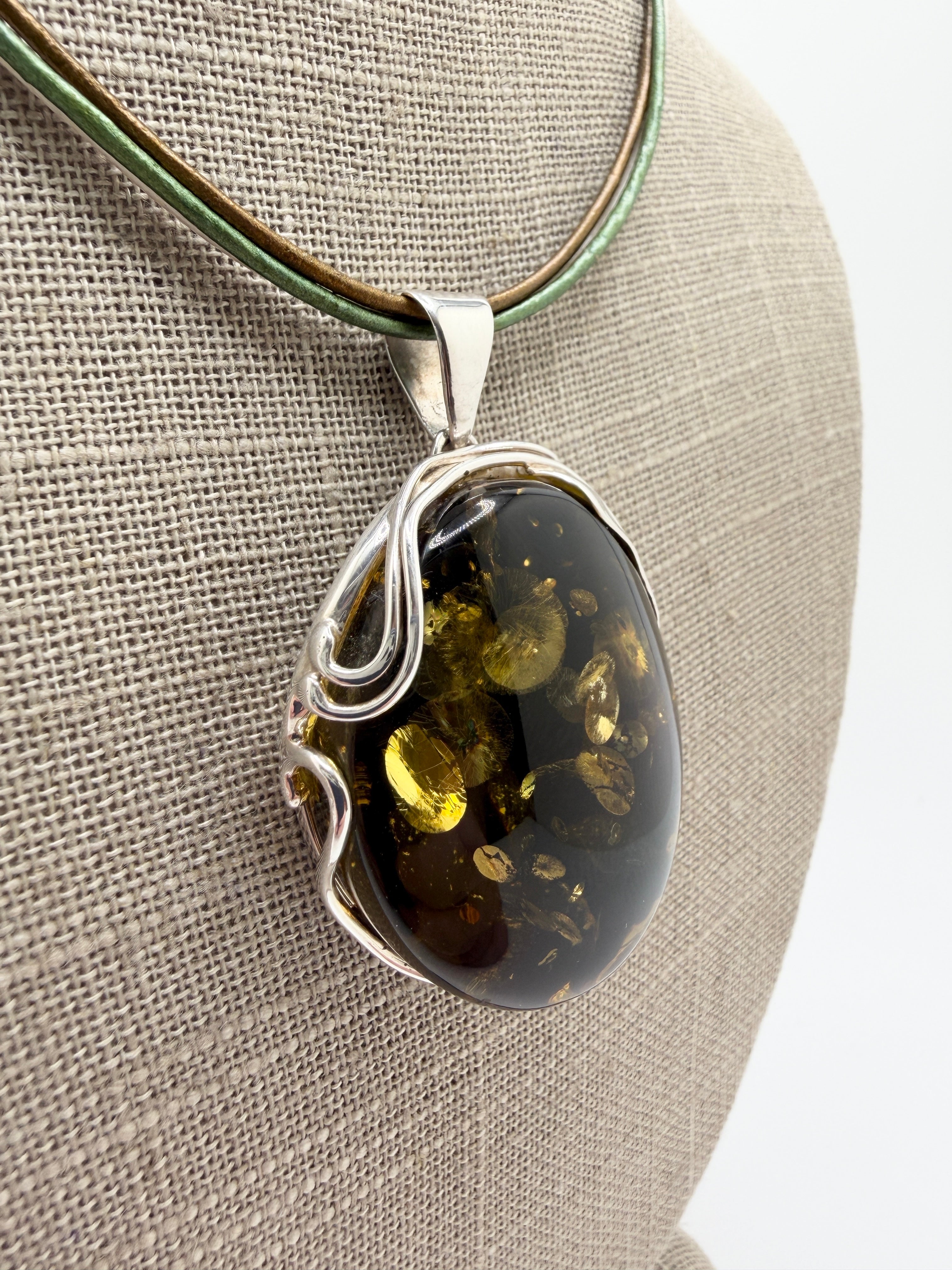 Handmade Sterling Silver Oversized Green Baltic Amber Leaf Pendant on Tricolor Leather Stetement Necklace