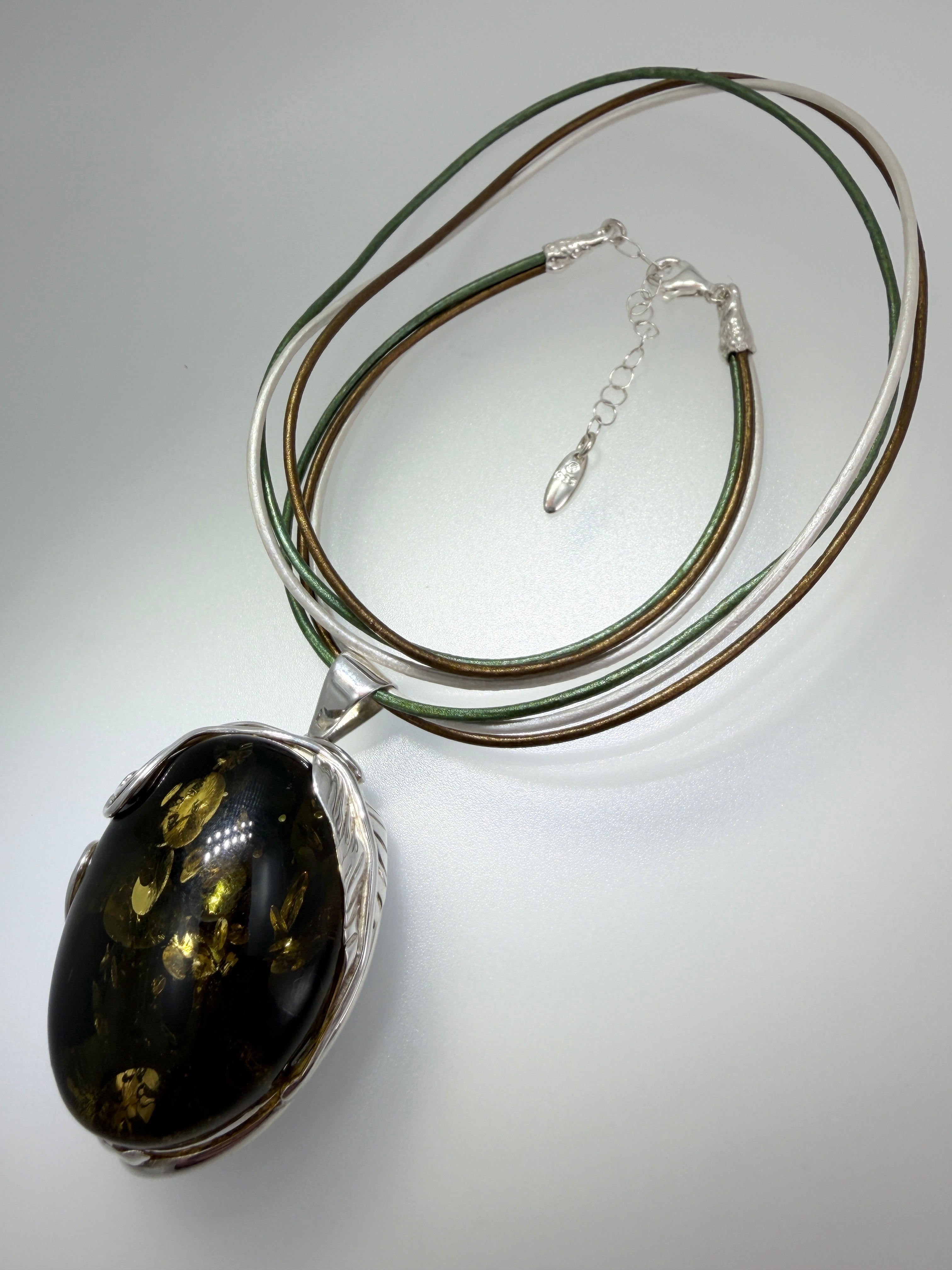 Handmade Sterling Silver Oversized Green Baltic Amber Leaf Pendant on Tricolor Leather Stetement Necklace