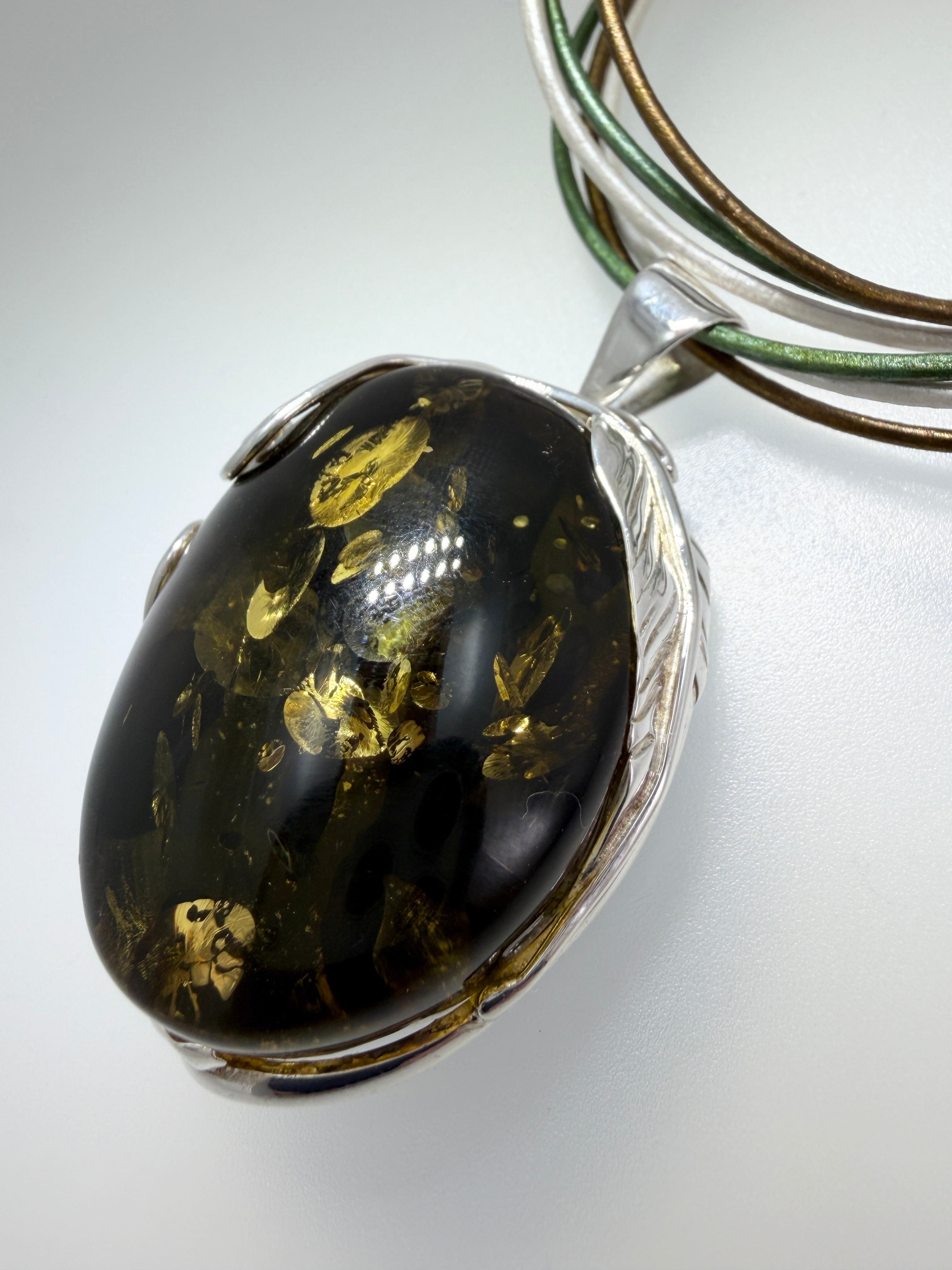 Handmade Sterling Silver Oversized Green Baltic Amber Leaf Pendant on Tricolor Leather Stetement Necklace