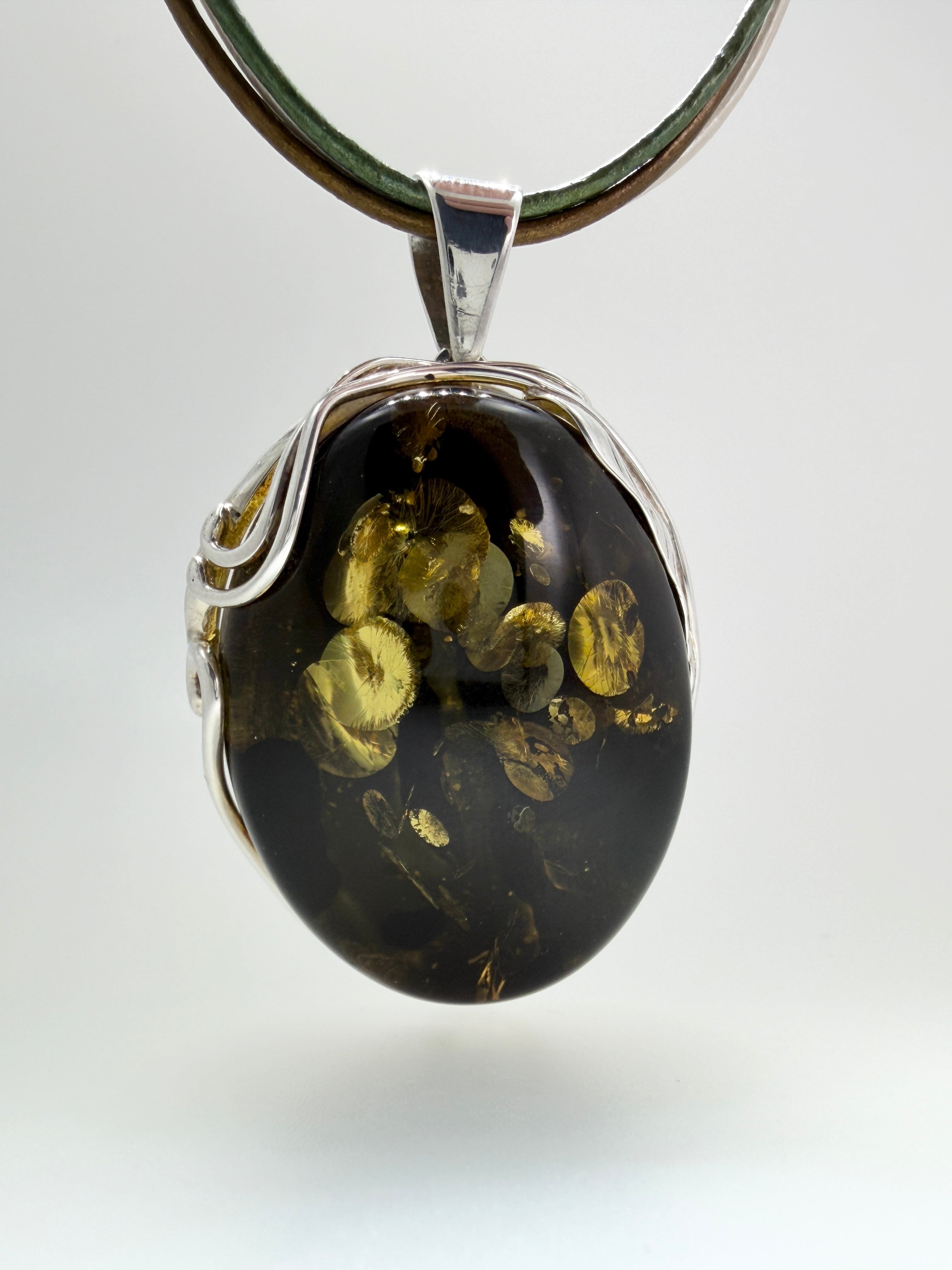 Handmade Sterling Silver Oversized Green Baltic Amber Leaf Pendant on Tricolor Leather Stetement Necklace