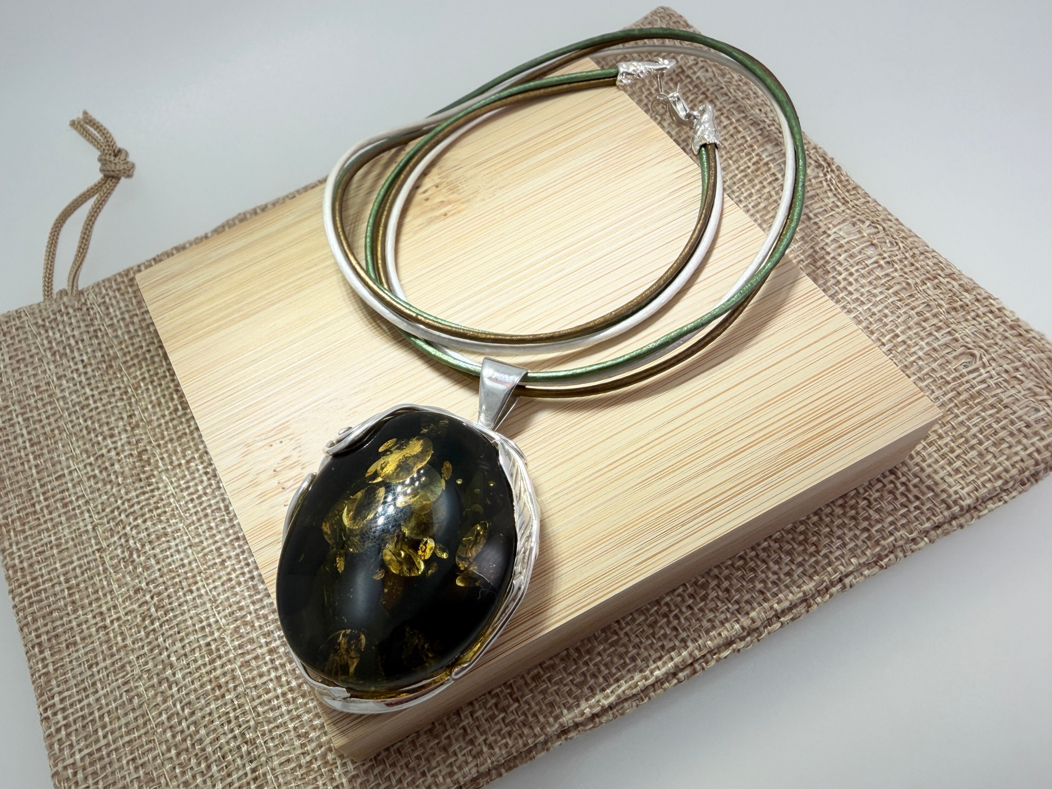 Handmade Sterling Silver Oversized Green Baltic Amber Leaf Pendant on Tricolor Leather Stetement Necklace