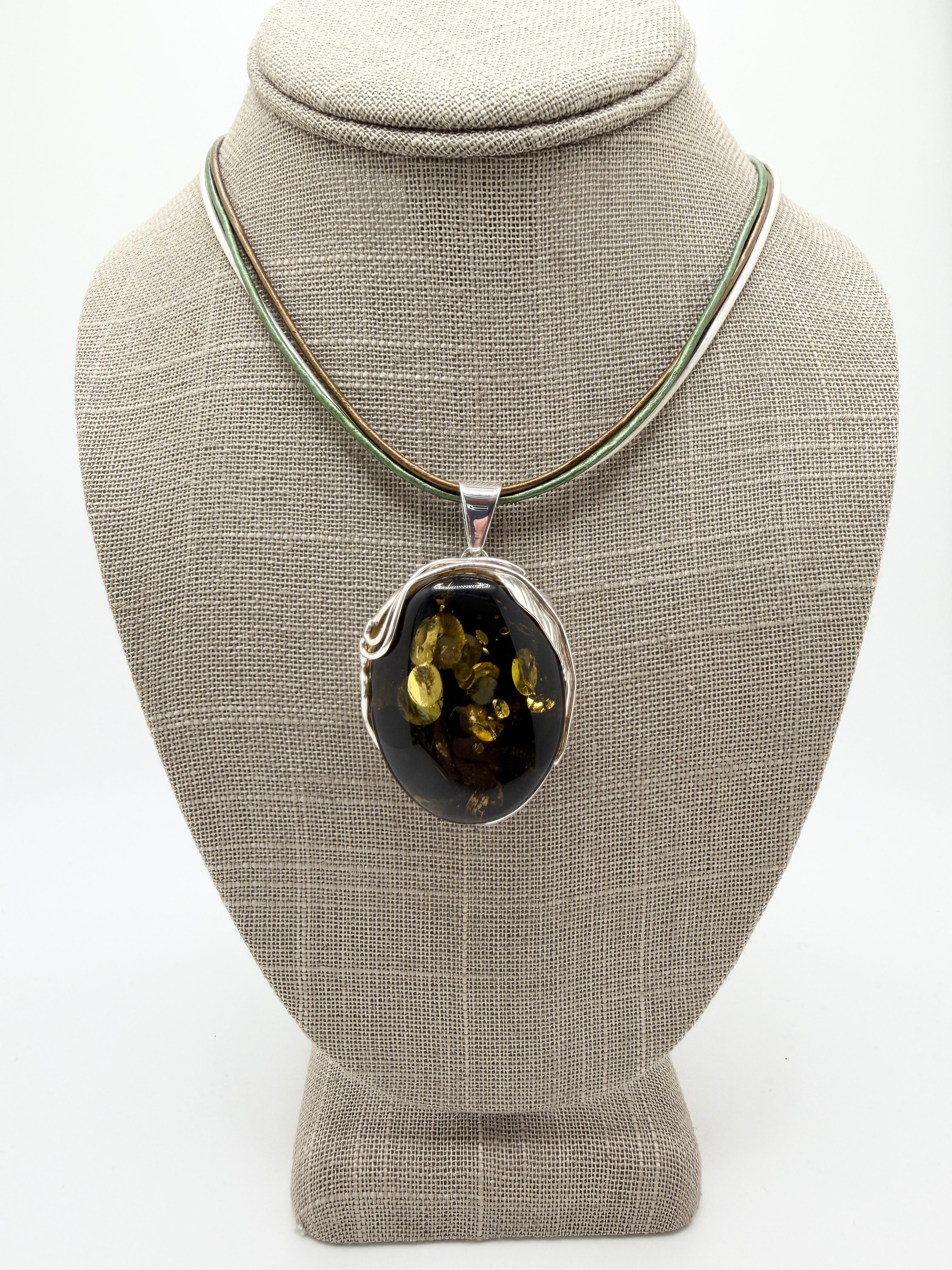 Handmade Sterling Silver Oversized Green Baltic Amber Leaf Pendant on Tricolor Leather Stetement Necklace