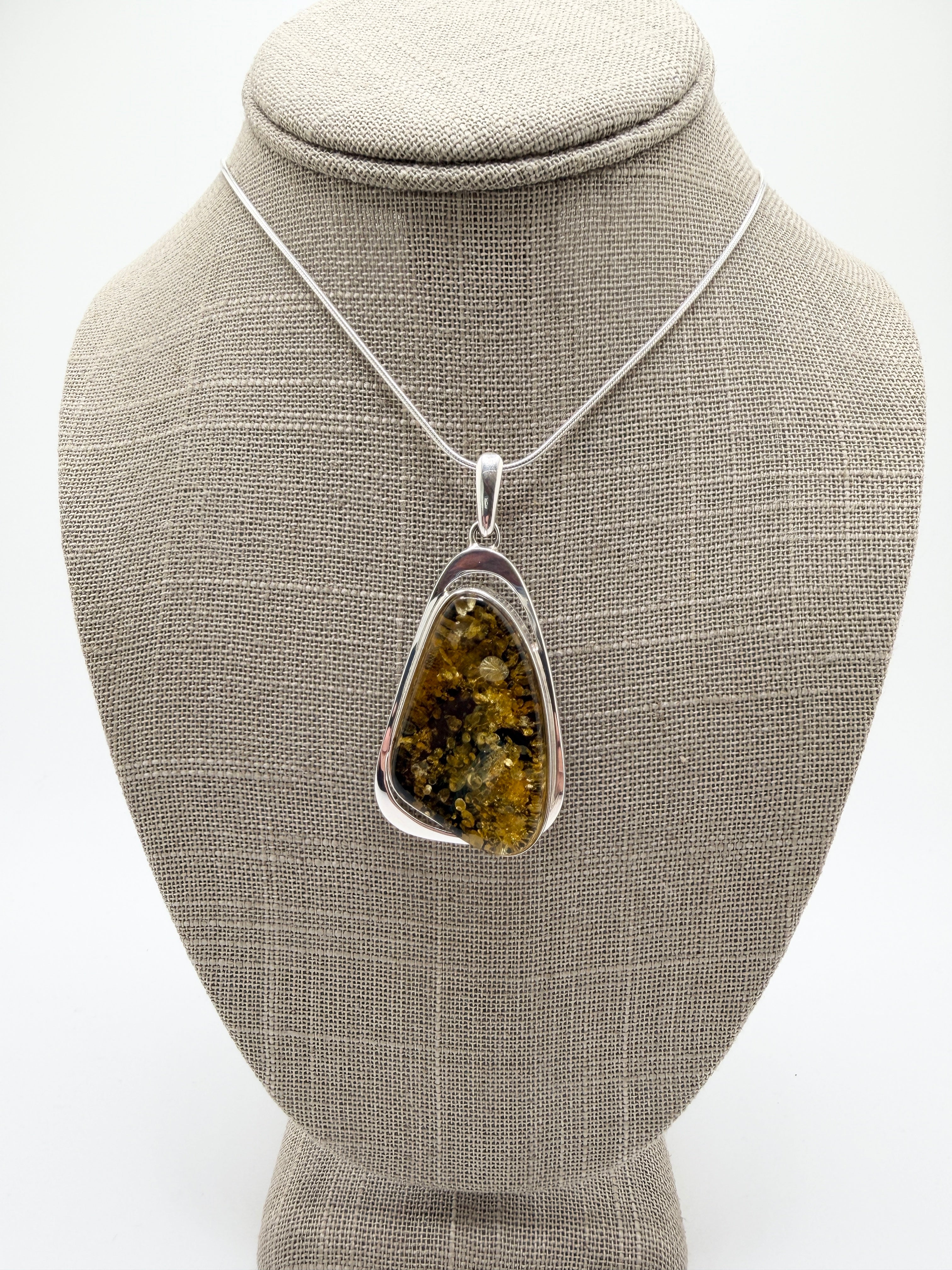 Handmade Sterling Silver Oversized Green Baltic Amber Pendant Necklace – Modern Statement Amber Jewelry on Thick Snake Chain