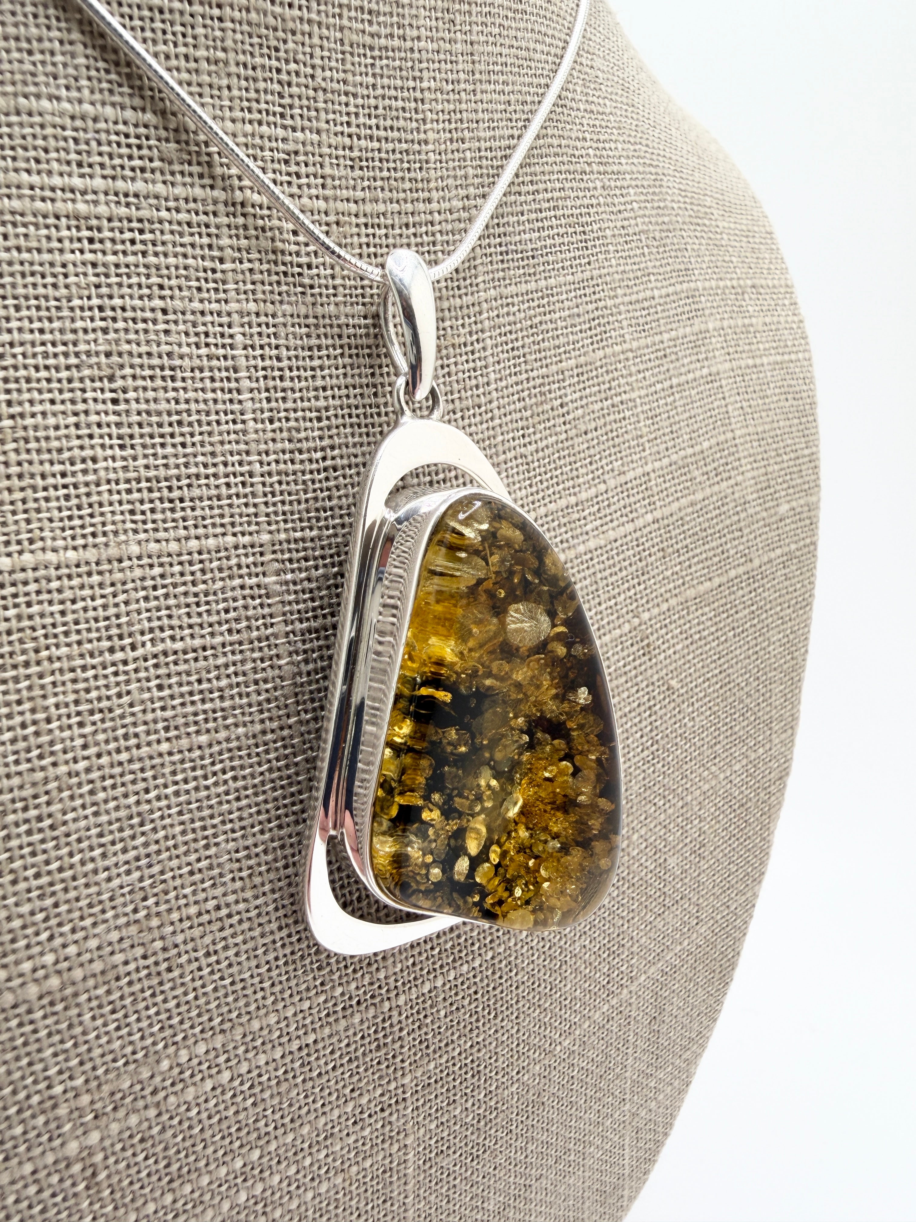 Handmade Sterling Silver Oversized Green Baltic Amber Pendant Necklace – Modern Statement Amber Jewelry on Thick Snake Chain