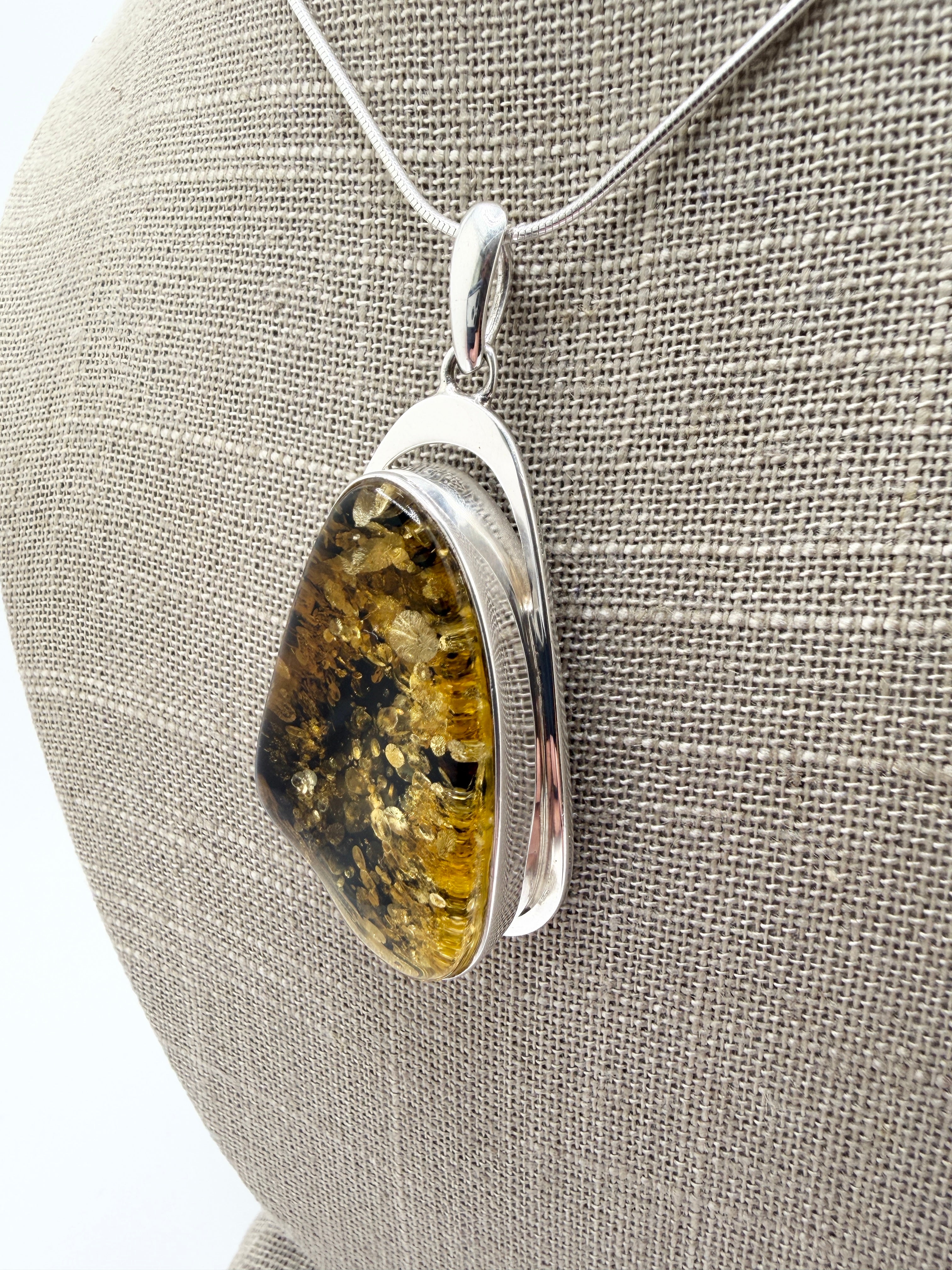 Handmade Sterling Silver Oversized Green Baltic Amber Pendant Necklace – Modern Statement Amber Jewelry on Thick Snake Chain