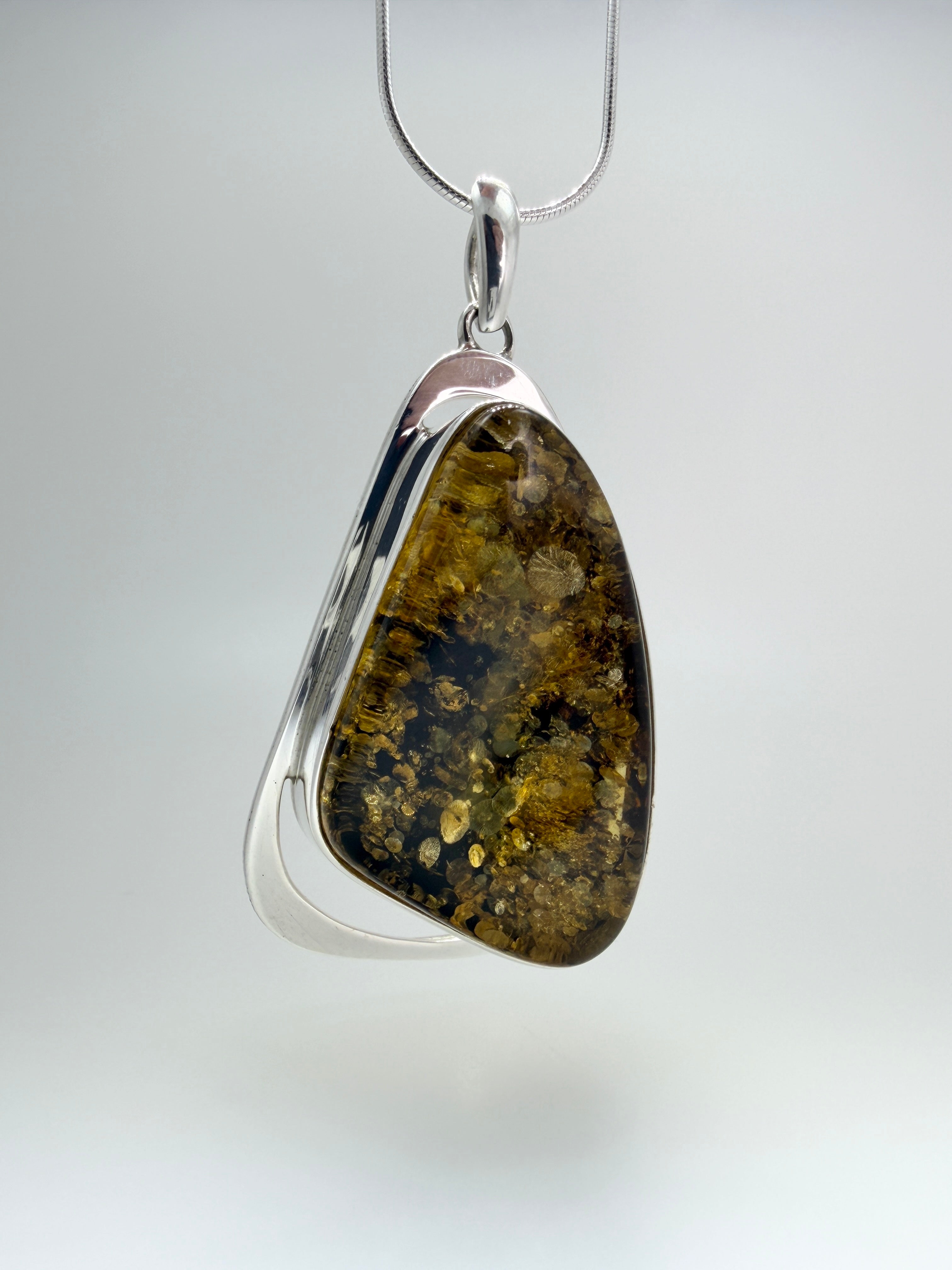 Handmade Sterling Silver Oversized Green Baltic Amber Pendant Necklace – Modern Statement Amber Jewelry on Thick Snake Chain
