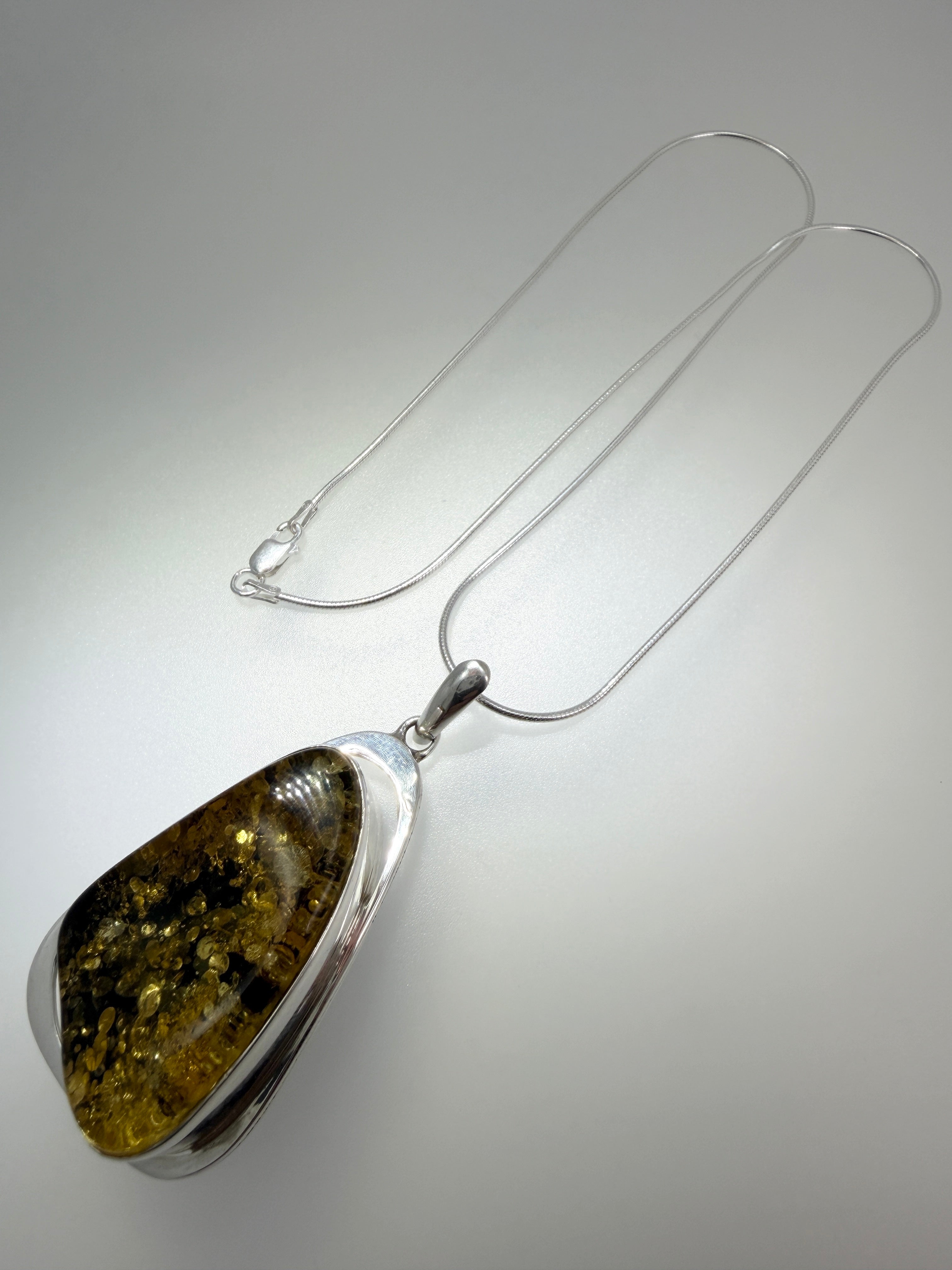 Handmade Sterling Silver Oversized Green Baltic Amber Pendant Necklace – Modern Statement Amber Jewelry on Thick Snake Chain