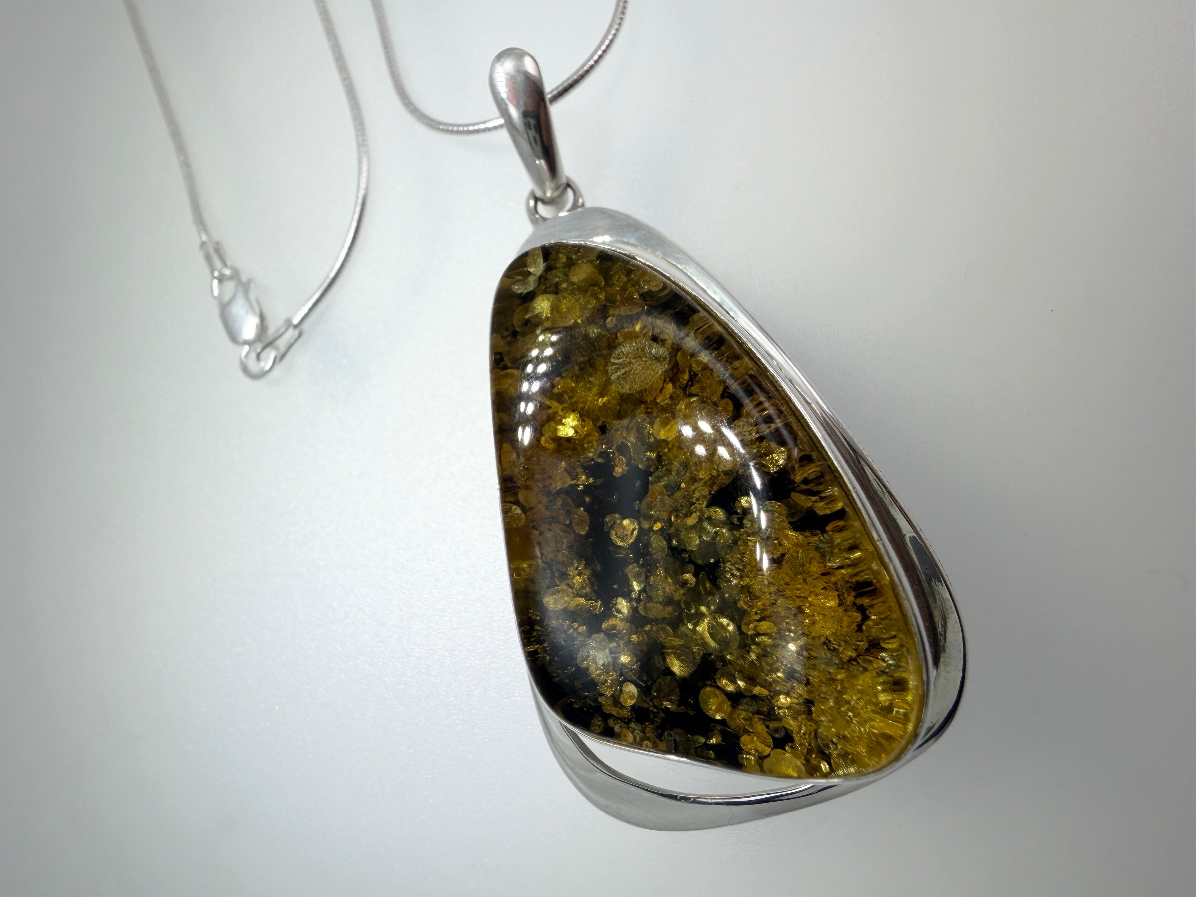 Handmade Sterling Silver Oversized Green Baltic Amber Pendant Necklace – Modern Statement Amber Jewelry on Thick Snake Chain