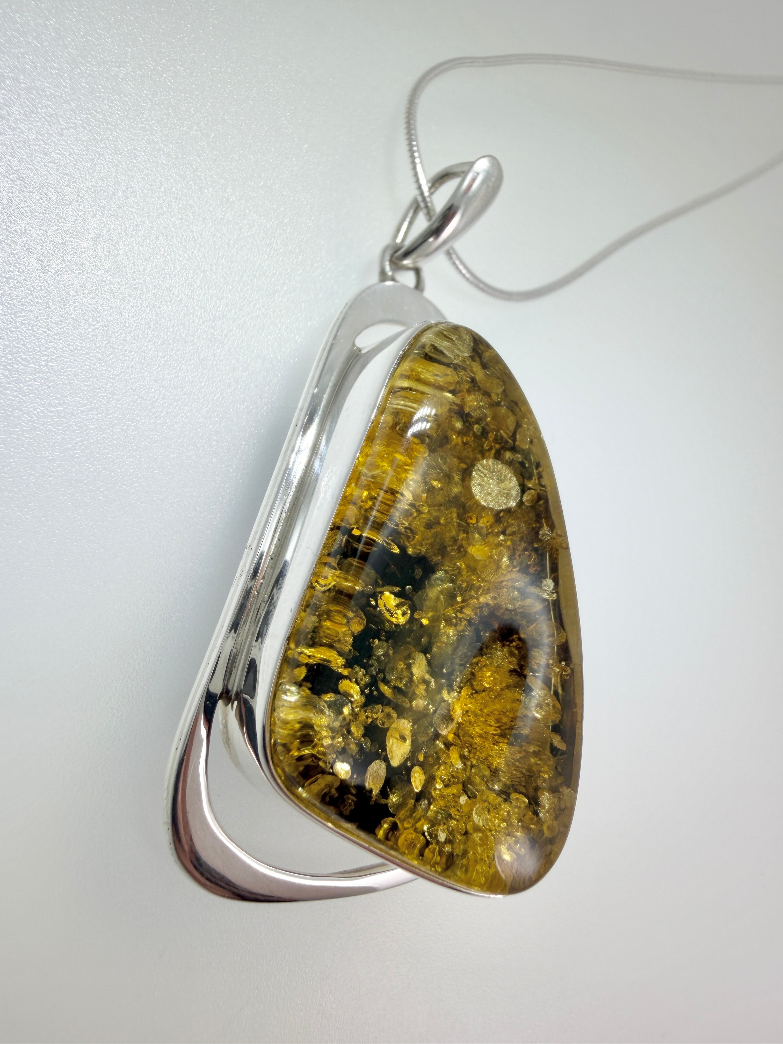 Handmade Sterling Silver Oversized Green Baltic Amber Pendant Necklace – Modern Statement Amber Jewelry on Thick Snake Chain