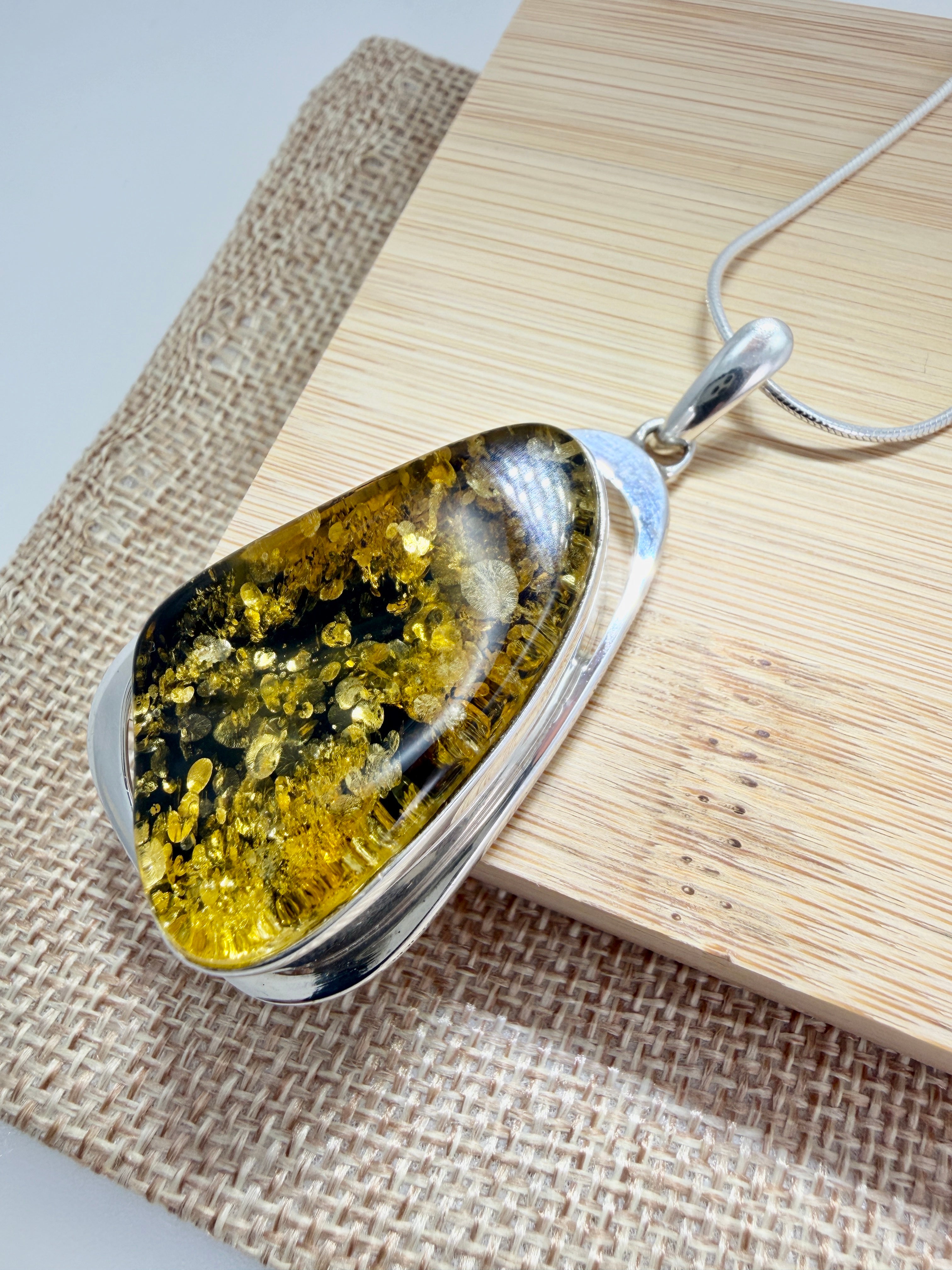 Handmade Sterling Silver Oversized Green Baltic Amber Pendant Necklace – Modern Statement Amber Jewelry on Thick Snake Chain