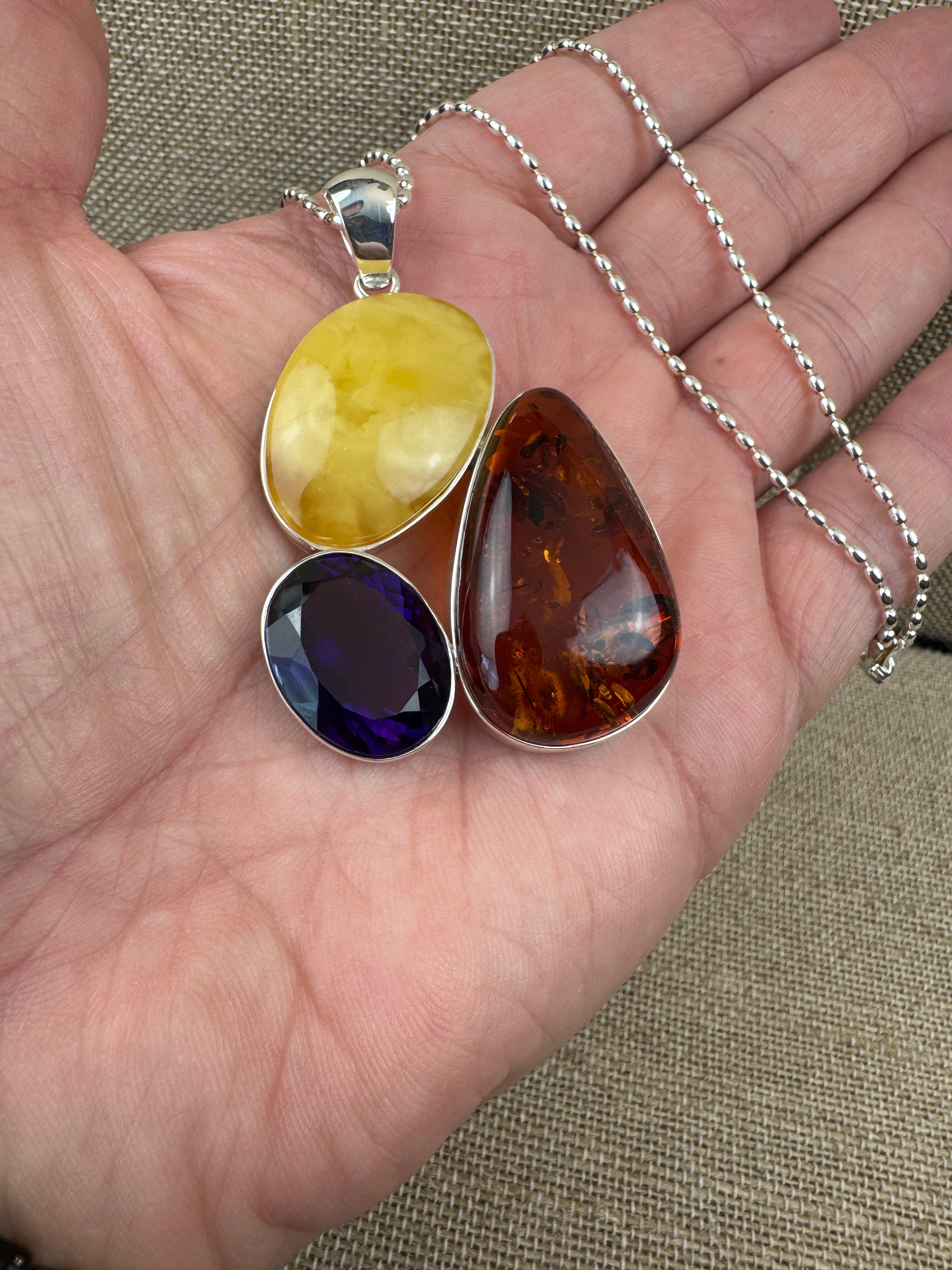 Handmade Sterling Silver Pendant with Honey Amber, Butterscotch Amber & Faceted Amethyst – One-of-a-Kind Baltic Gem Necklace