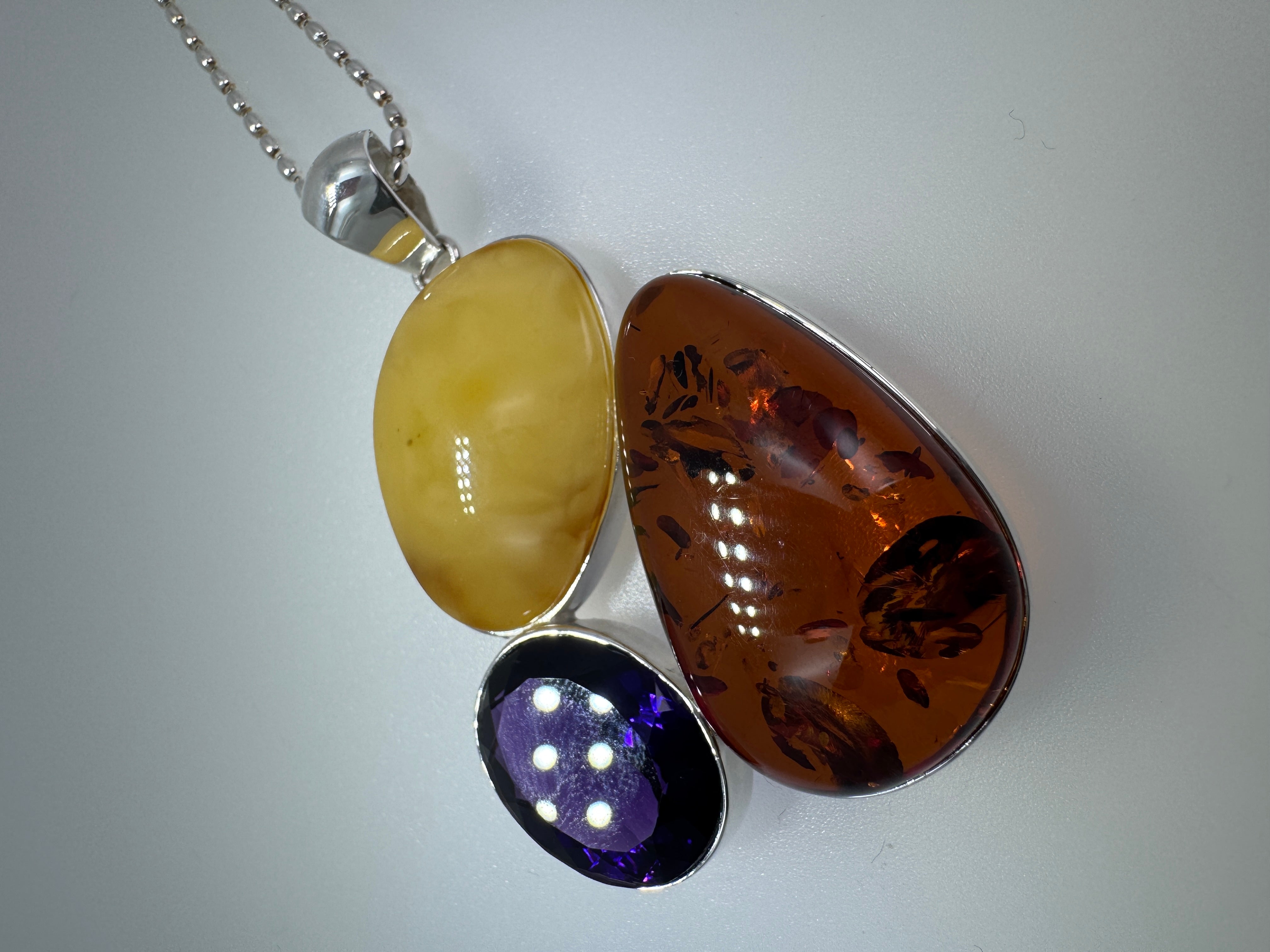 Handmade Sterling Silver Pendant with Honey Amber, Butterscotch Amber & Faceted Amethyst – One-of-a-Kind Baltic Gem Necklace