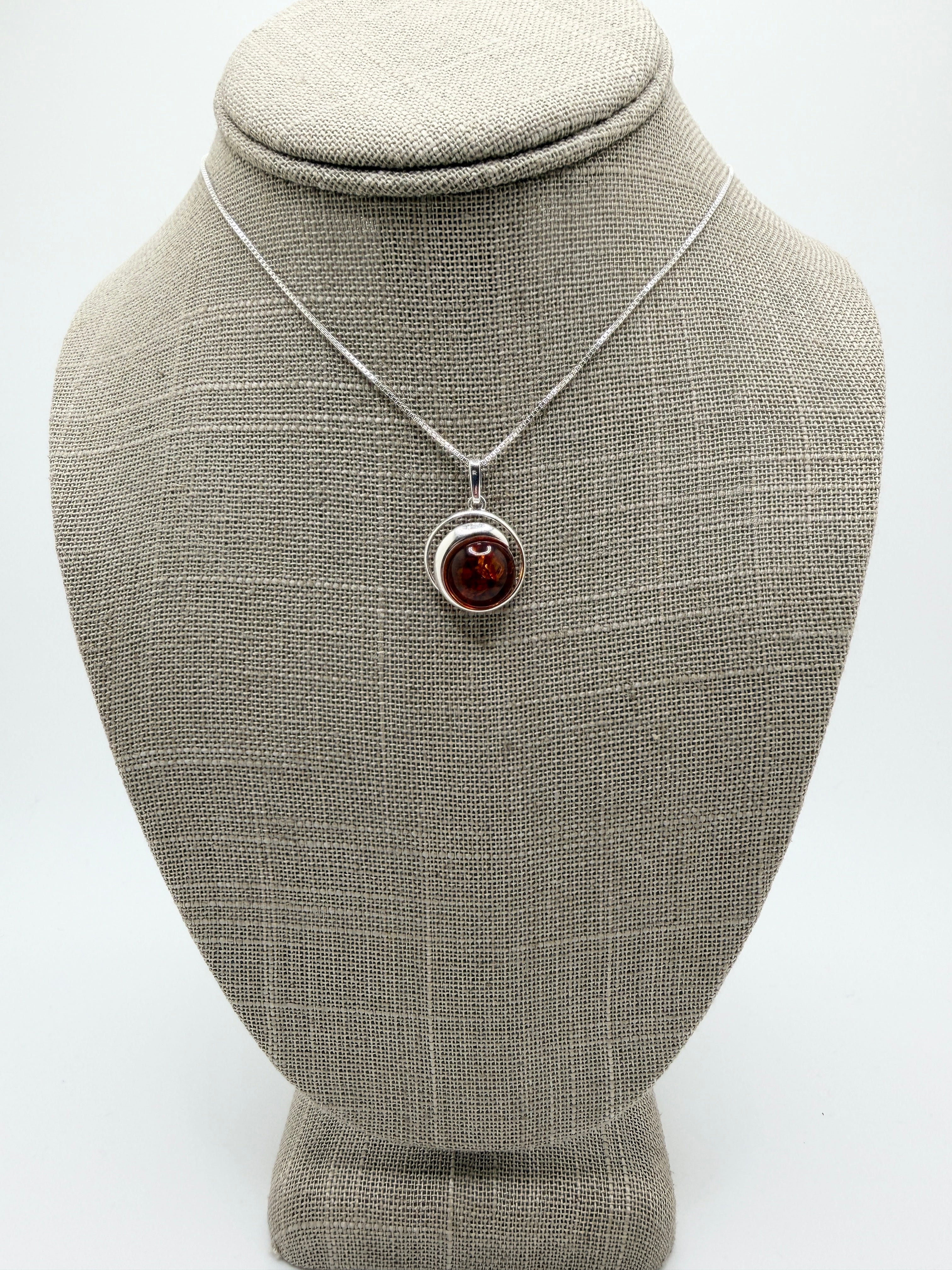 Handmade Sterling Silver Round Baltic Amber Pendant Necklace | Honey, Green or Butterscotch | Modern Whimsical Design