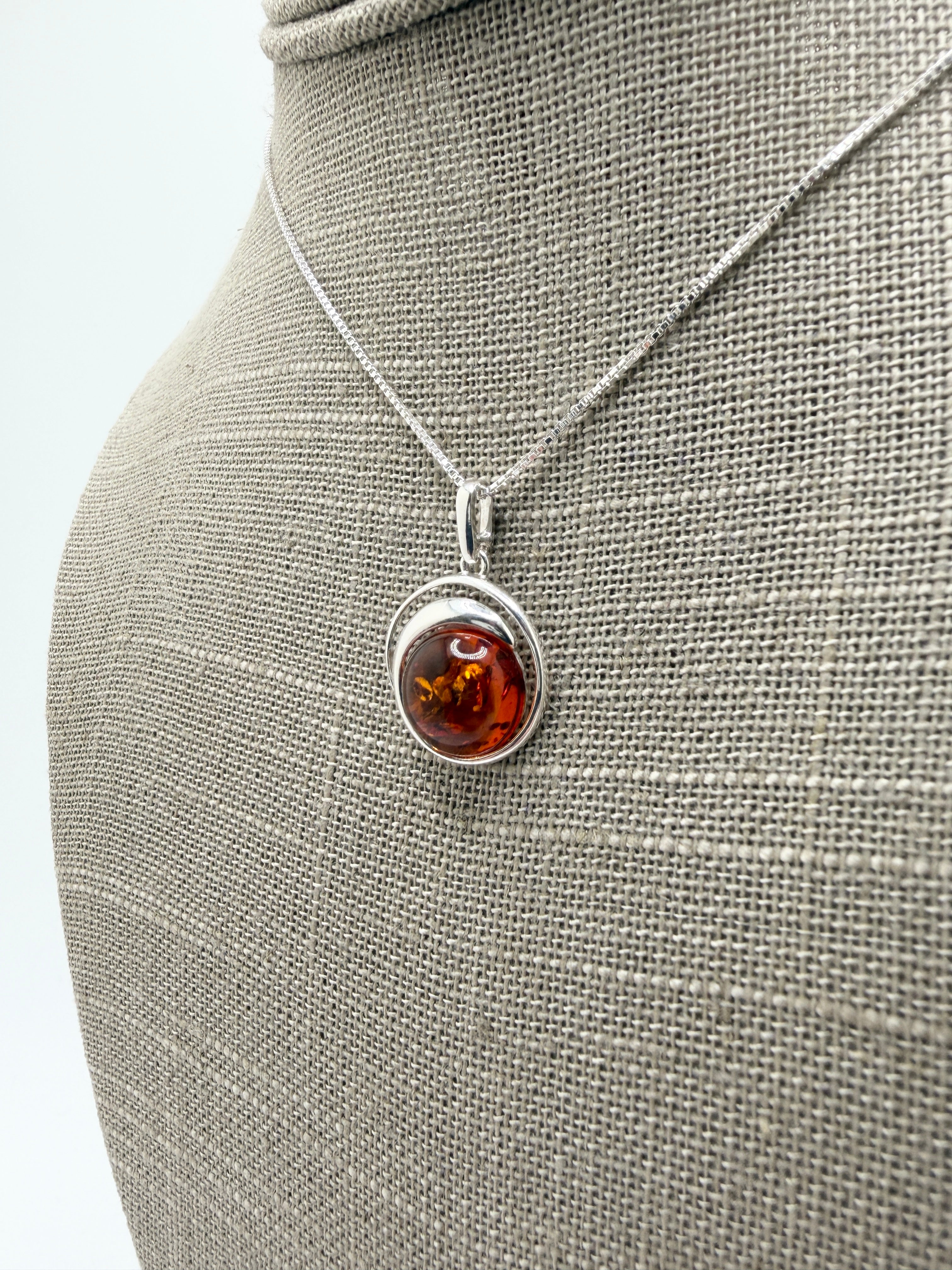 Handmade Sterling Silver Round Baltic Amber Pendant Necklace | Honey, Green or Butterscotch | Modern Whimsical Design