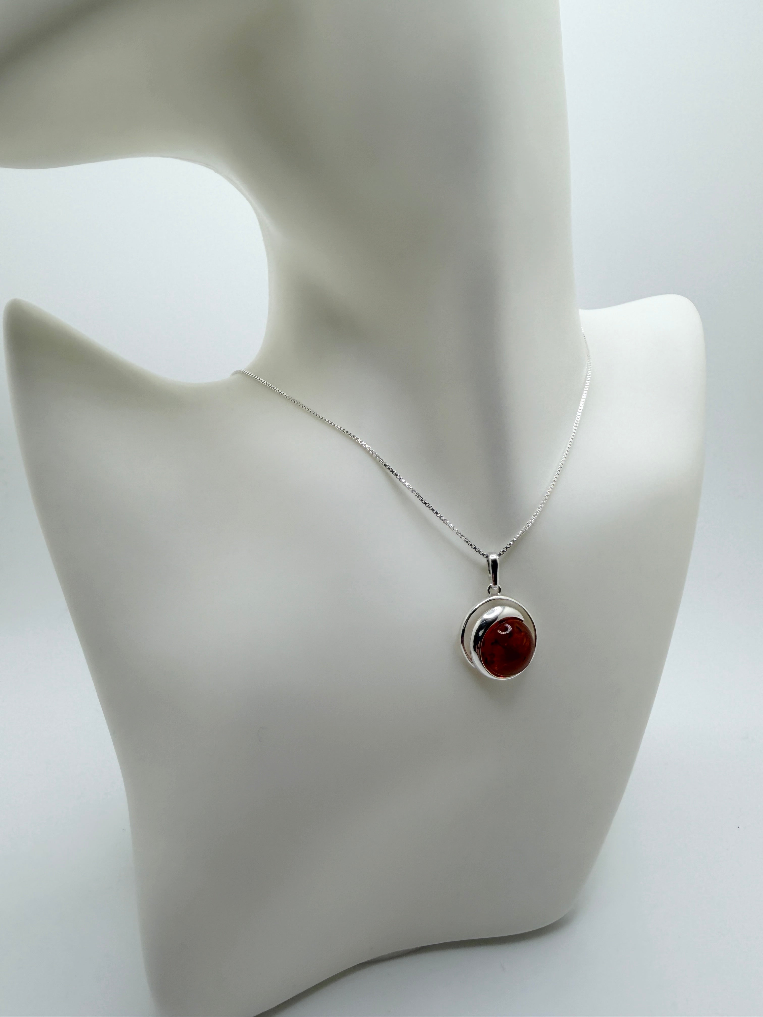 Handmade Sterling Silver Round Baltic Amber Pendant Necklace | Honey, Green or Butterscotch | Modern Whimsical Design