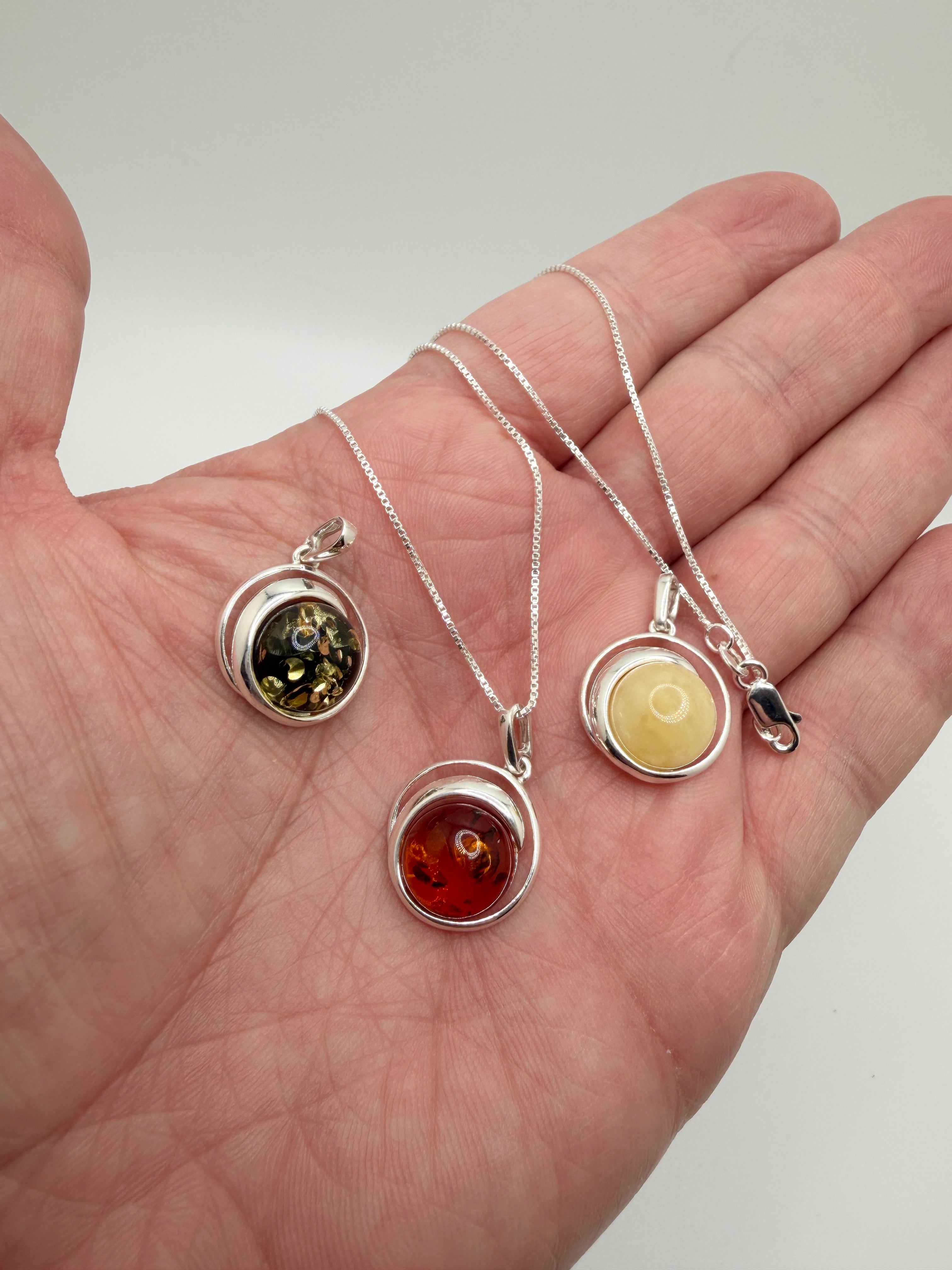 Handmade Sterling Silver Round Baltic Amber Pendant Necklace | Honey, Green or Butterscotch | Modern Whimsical Design