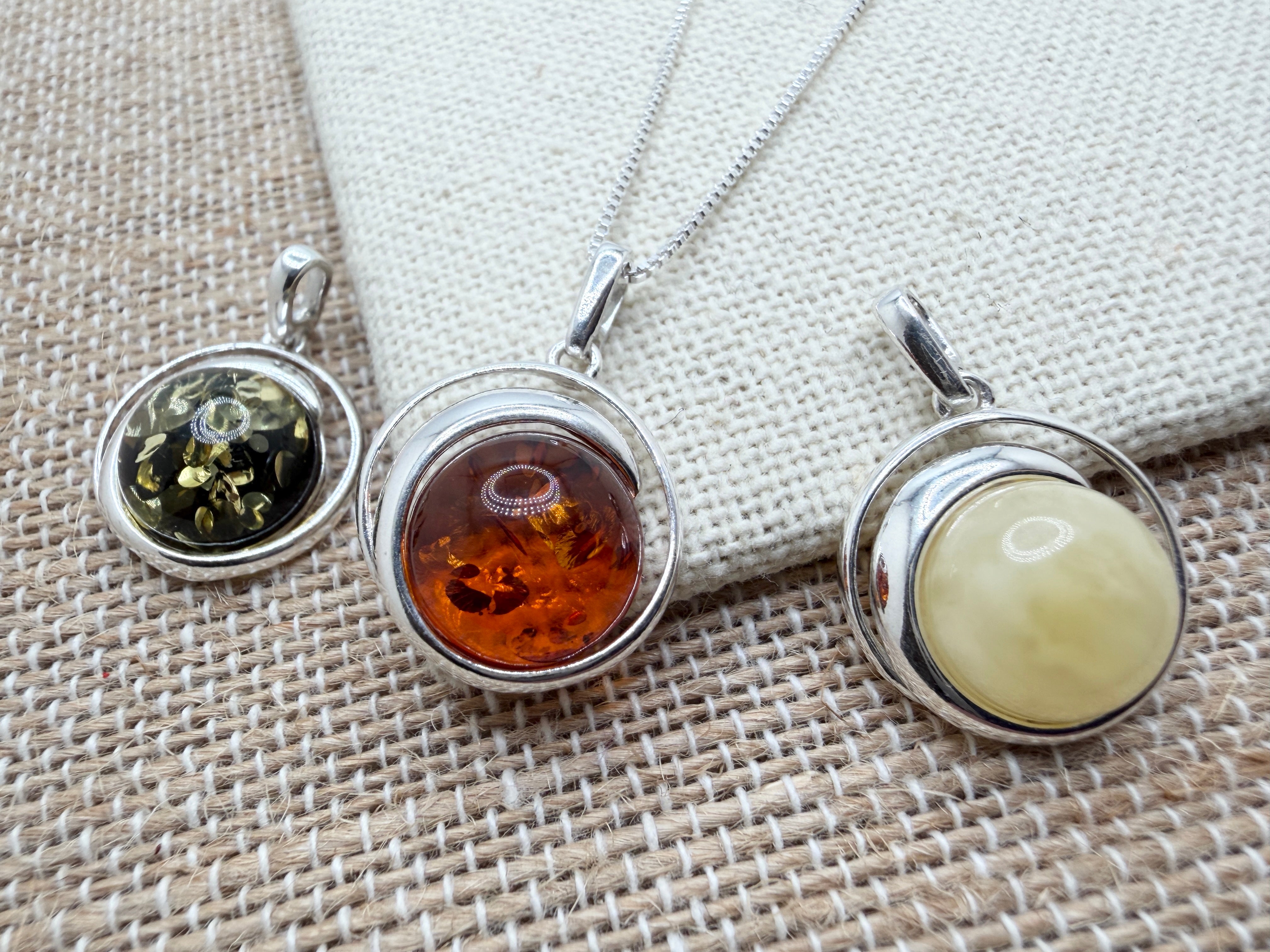 Handmade Sterling Silver Round Baltic Amber Pendant Necklace | Honey, Green or Butterscotch | Modern Whimsical Design