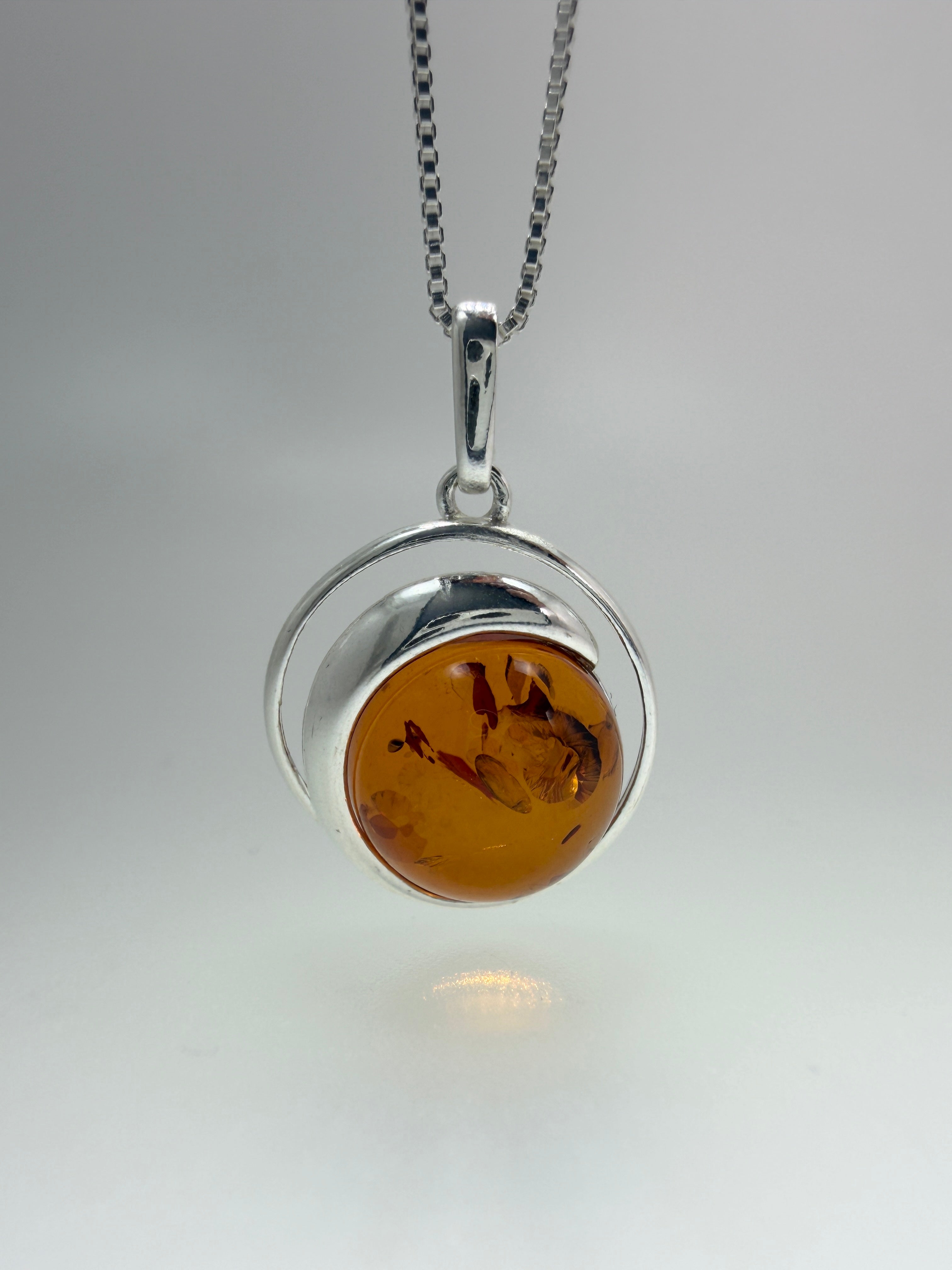 Handmade Sterling Silver Round Baltic Amber Pendant Necklace | Honey, Green or Butterscotch | Modern Whimsical Design