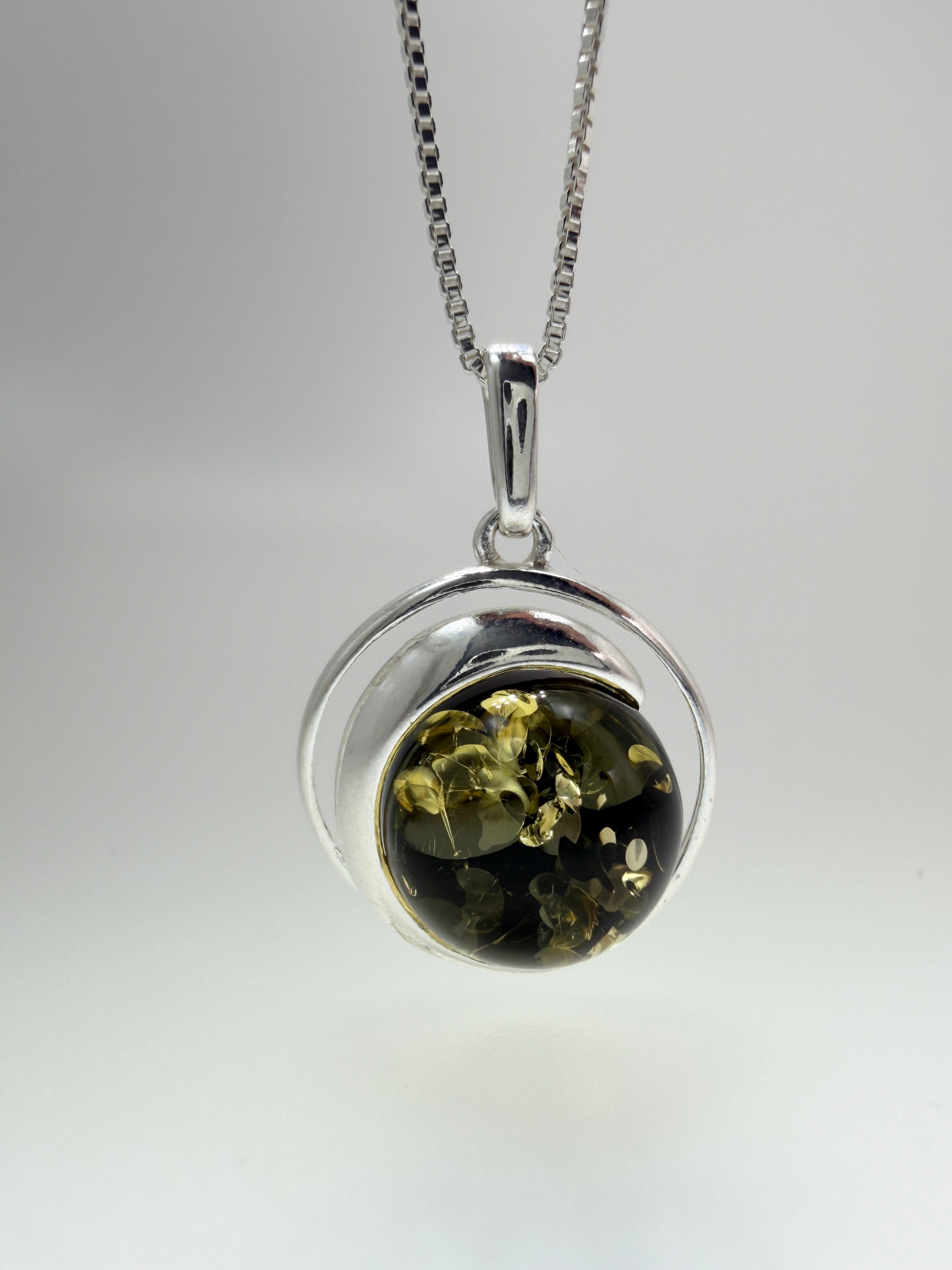 Handmade Sterling Silver Round Baltic Amber Pendant Necklace | Honey, Green or Butterscotch | Modern Whimsical Design