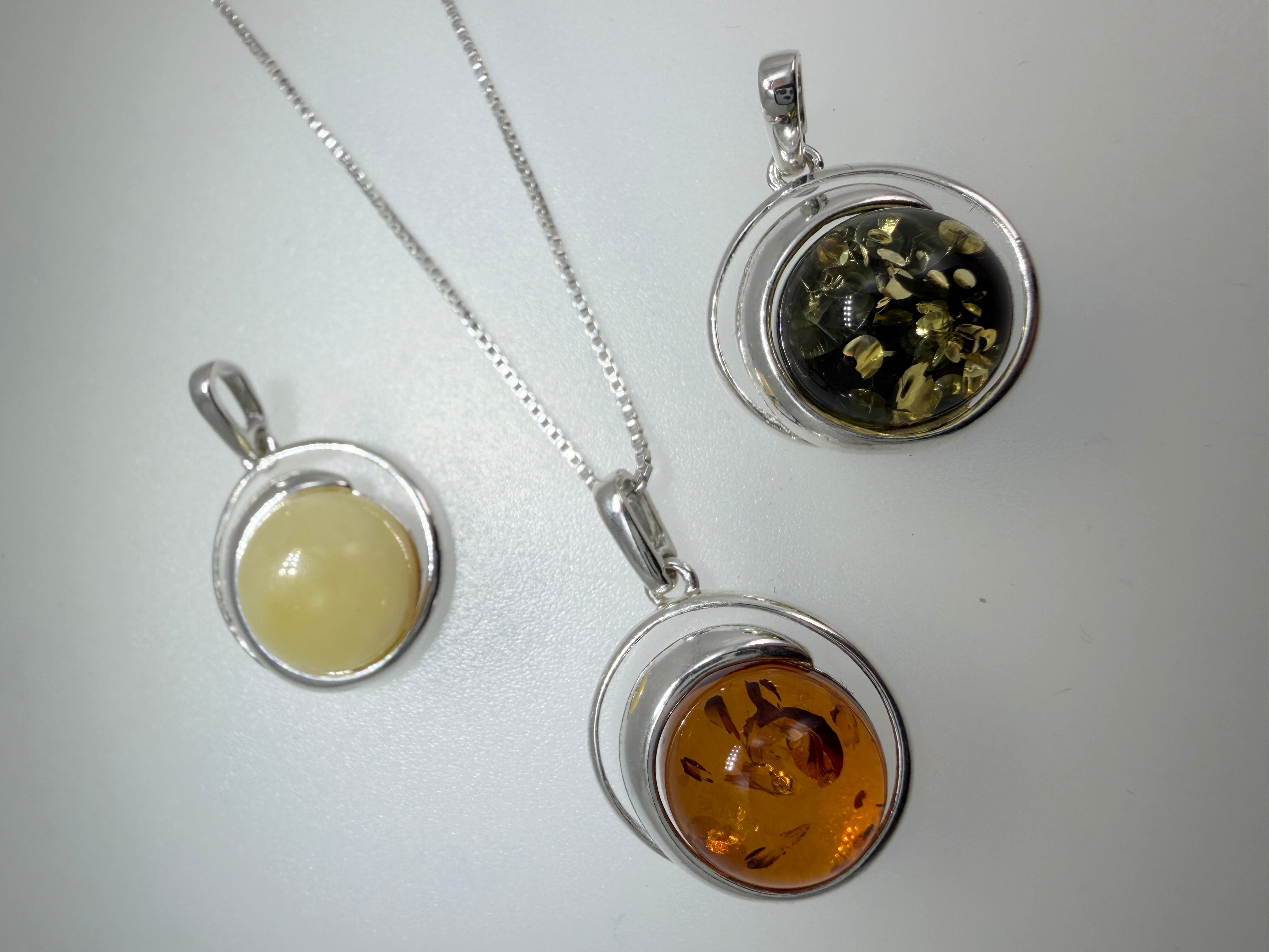 Handmade Sterling Silver Round Baltic Amber Pendant Necklace | Honey, Green or Butterscotch | Modern Whimsical Design