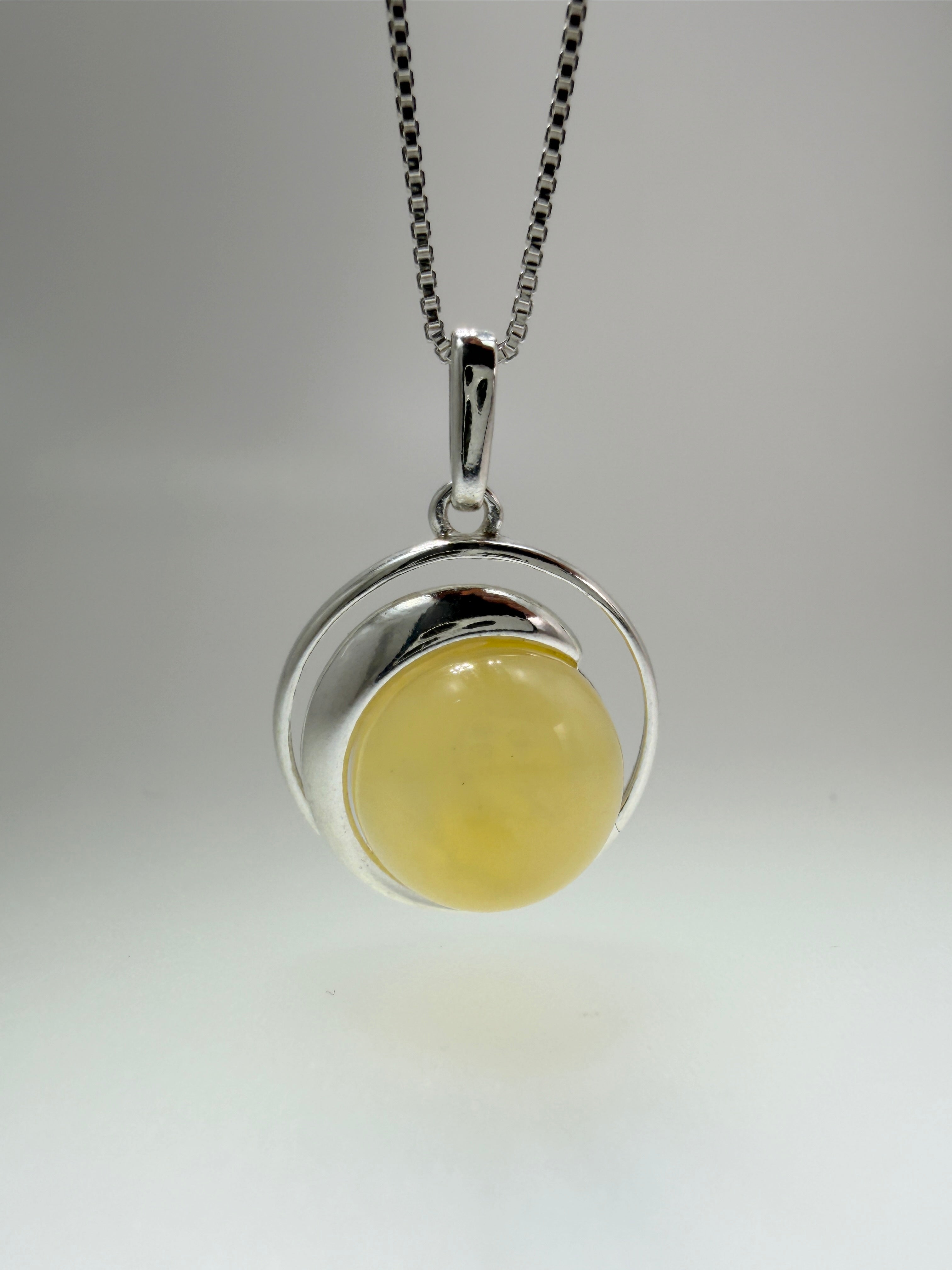 Handmade Sterling Silver Round Baltic Amber Pendant Necklace | Honey, Green or Butterscotch | Modern Whimsical Design
