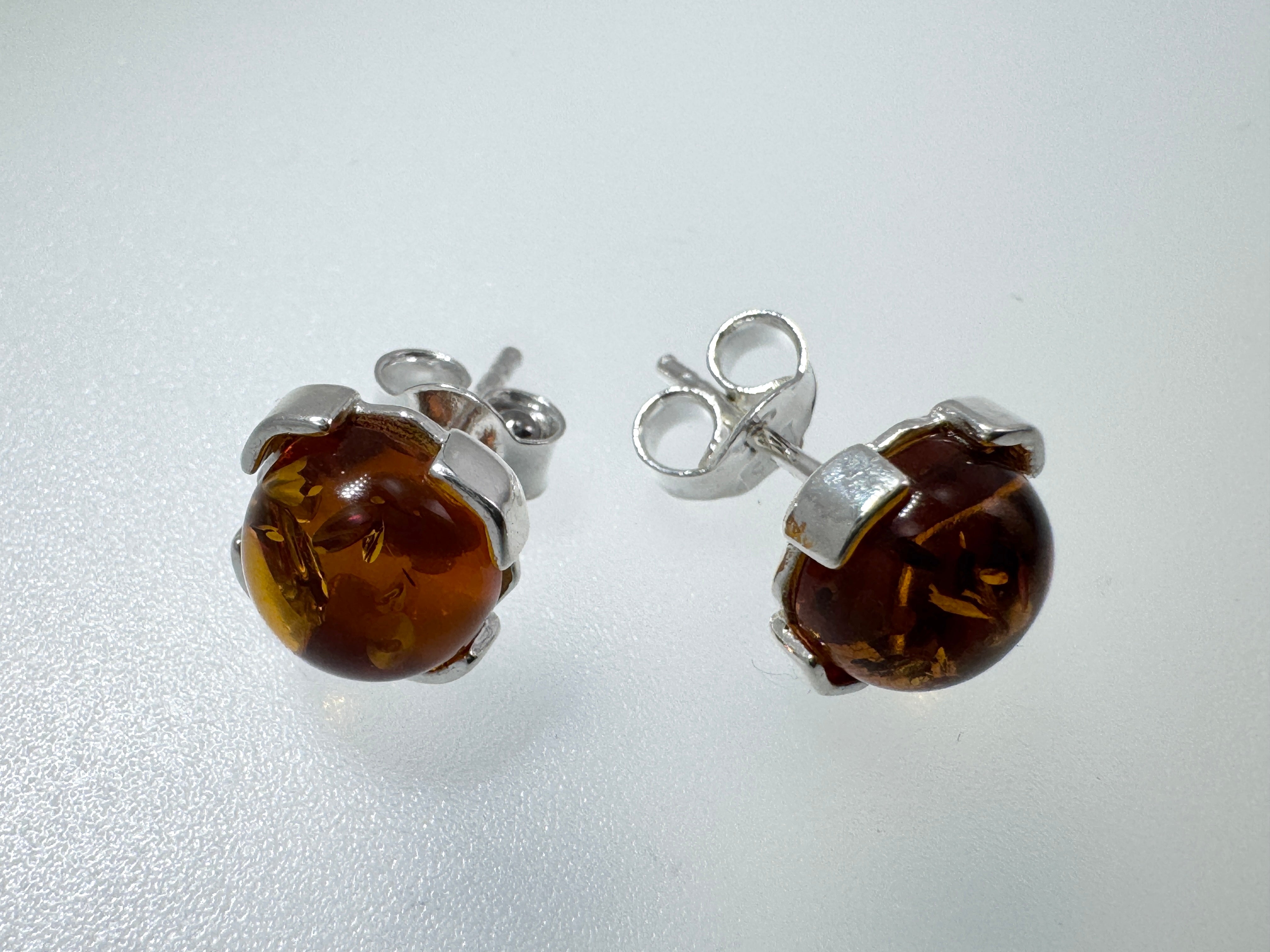 Handmade Sterling Silver & Baltic Amber Stud Earrings – Cognac or Green Round 8mm Stone – Lightweight Post Earrings from Poland