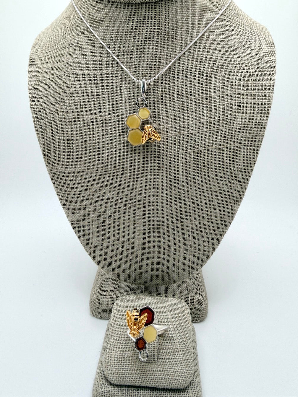 Handmade Sterling Silver & Genuine Baltic Amber Honeycomb + Bumblebee Jewelry