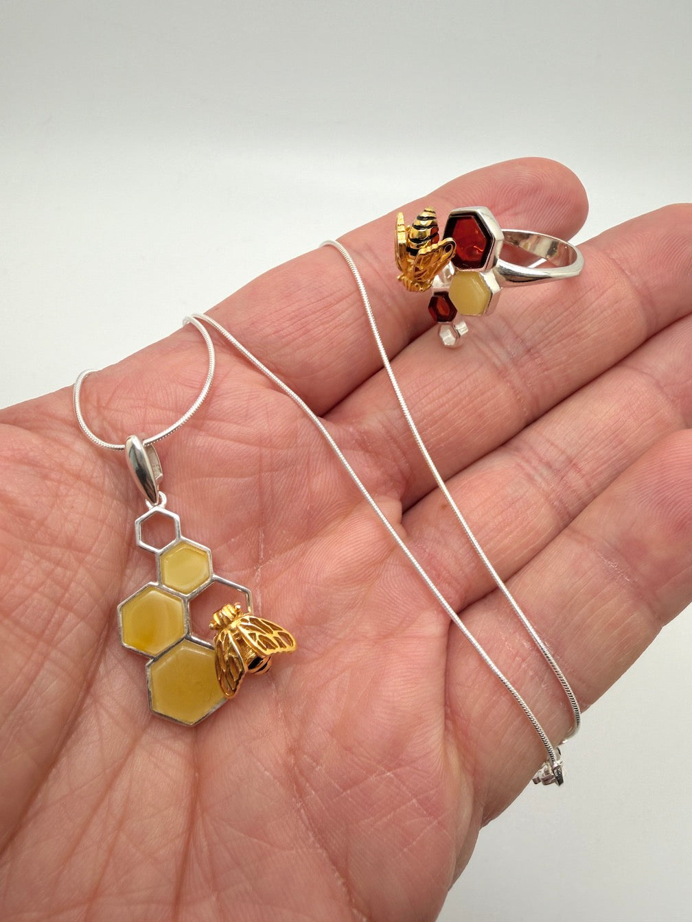 Handmade Sterling Silver & Genuine Baltic Amber Honeycomb + Bumblebee Jewelry