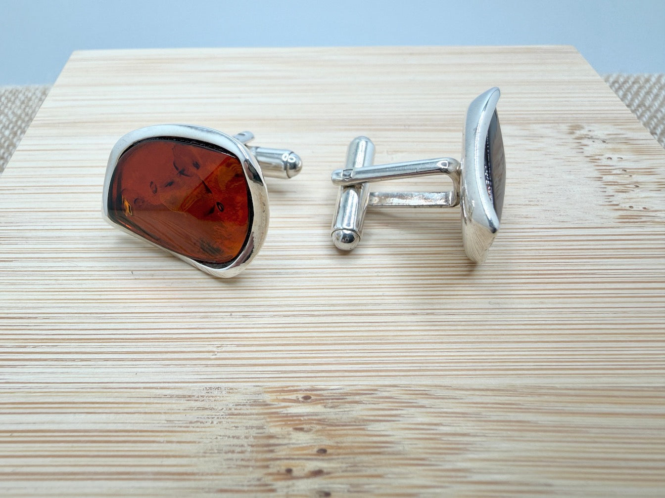 Handmade Sterling Silver & Genuine Baltic Amber Men’s Cufflinks — Cognac or Butterscotch