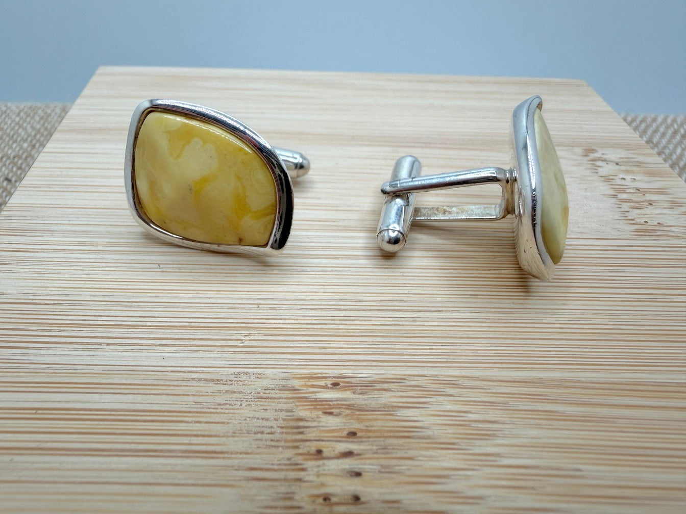 Handmade Sterling Silver & Genuine Baltic Amber Men’s Cufflinks — Cognac or Butterscotch