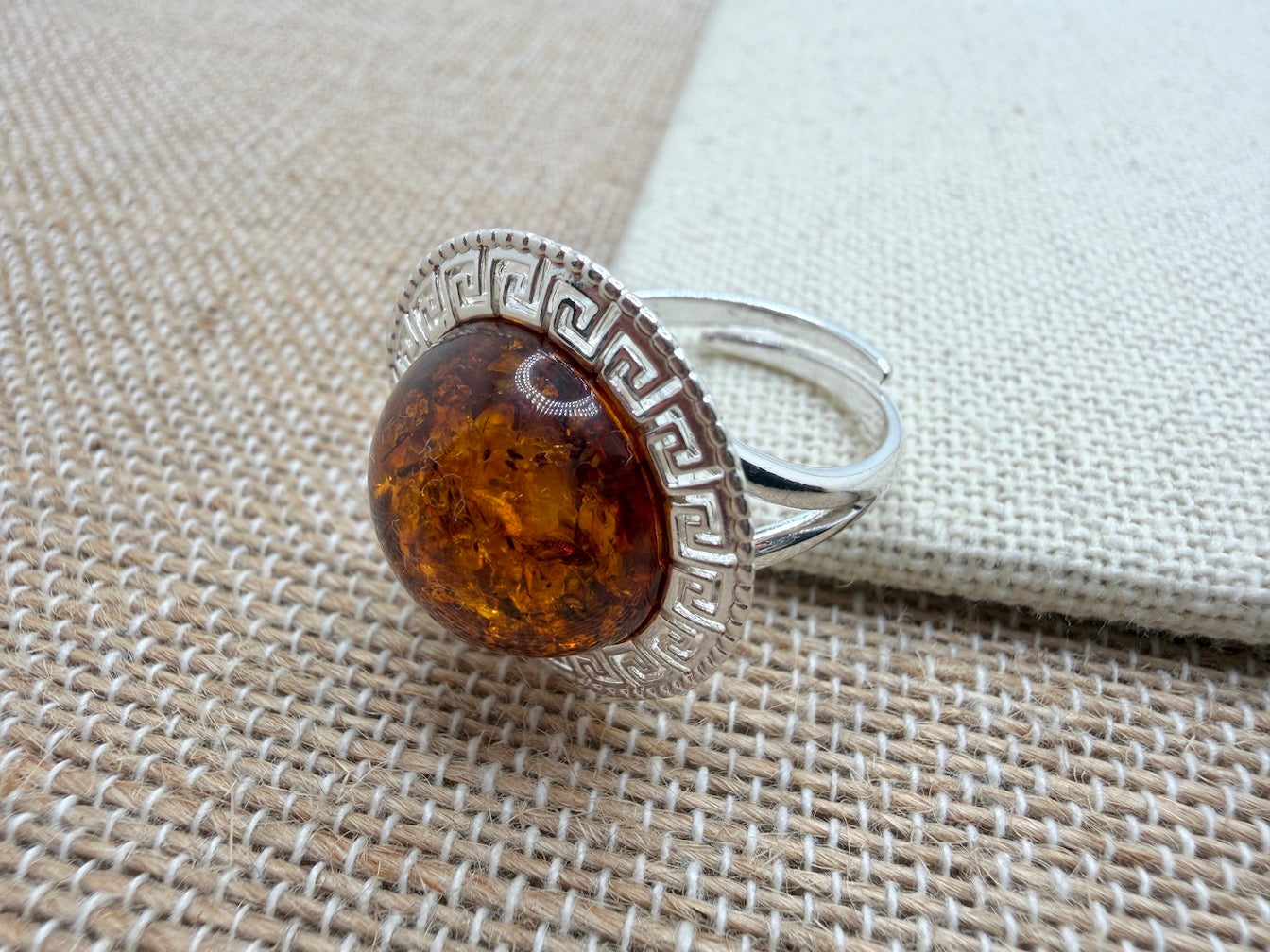 Handmade Sterling Silver & Genuine Baltic Amber Ring – Greco Roman Inspired Design