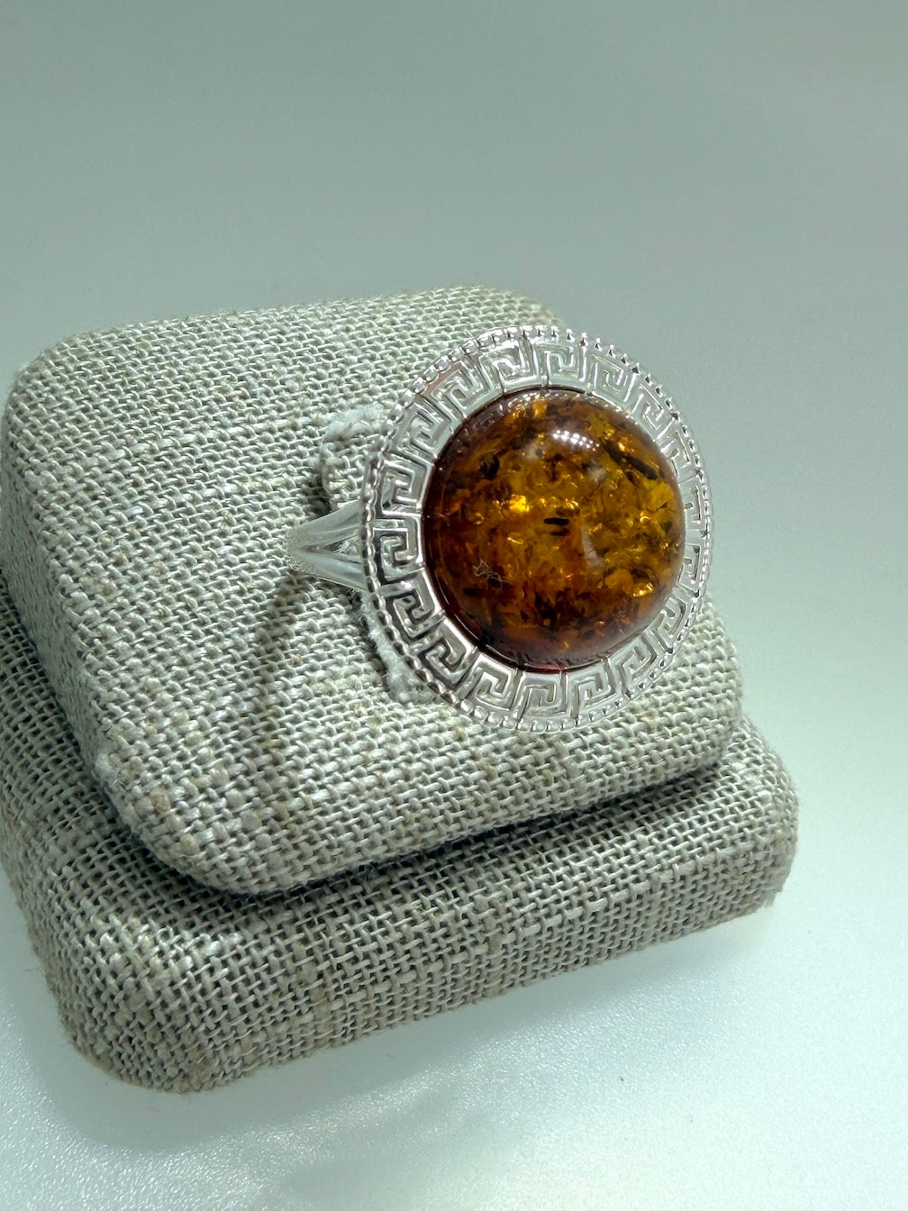 Handmade Sterling Silver & Genuine Baltic Amber Ring – Greco Roman Inspired Design