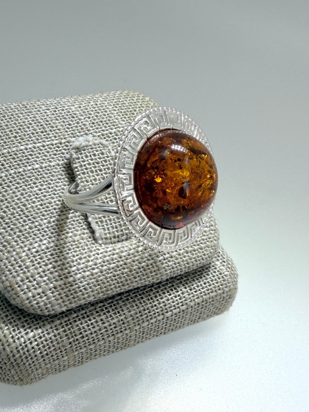 Handmade Sterling Silver & Genuine Baltic Amber Ring – Greco Roman Inspired Design