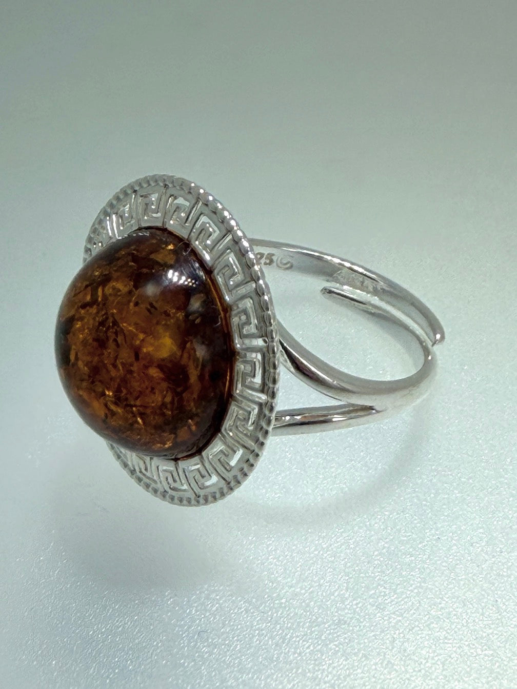 Handmade Sterling Silver & Genuine Baltic Amber Ring – Greco Roman Inspired Design