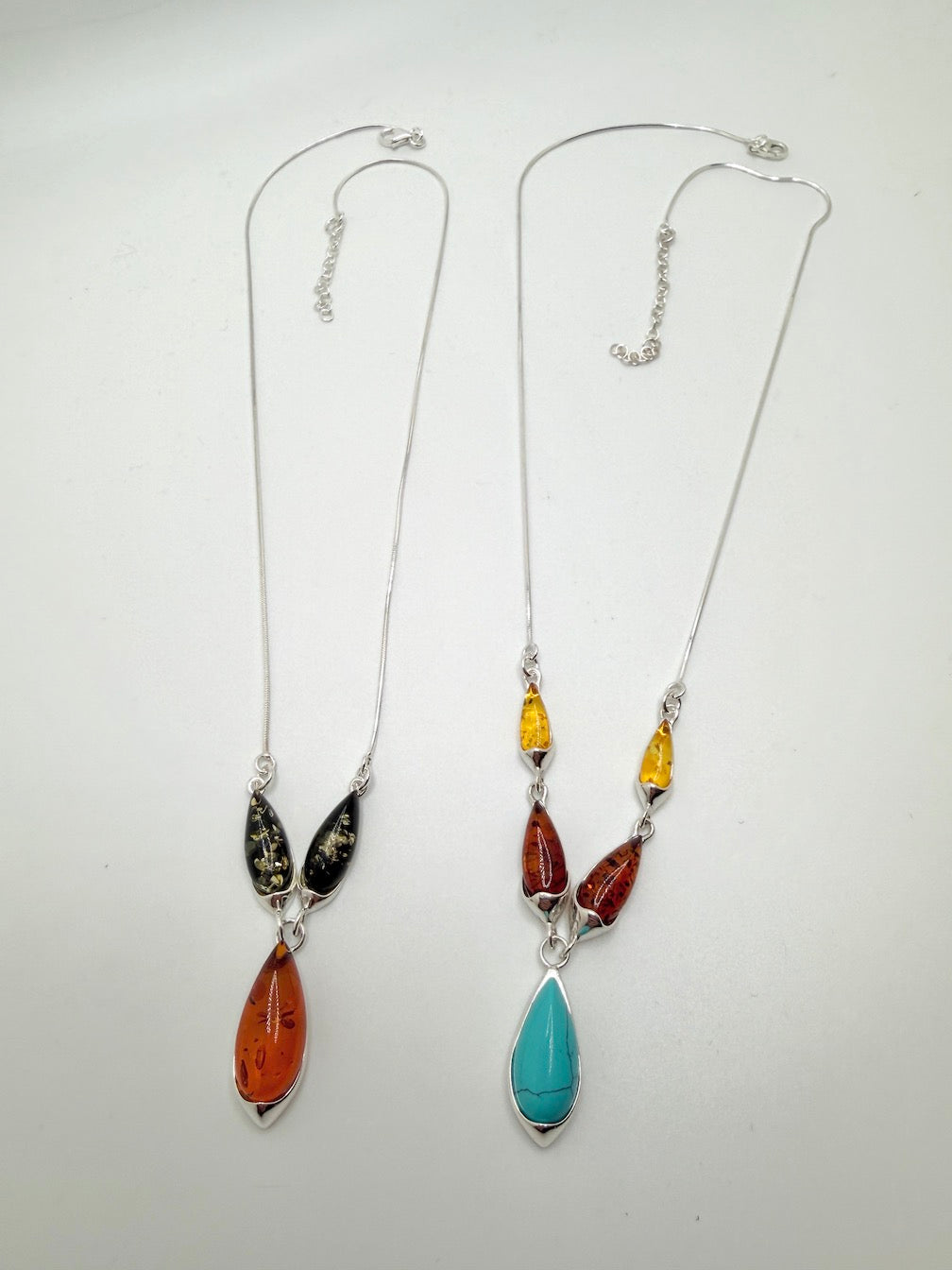 Handmade Sterling Silver & Genuine Baltic Amber Three-Stone Drop Necklace – Green & Cognac Baltic Amber