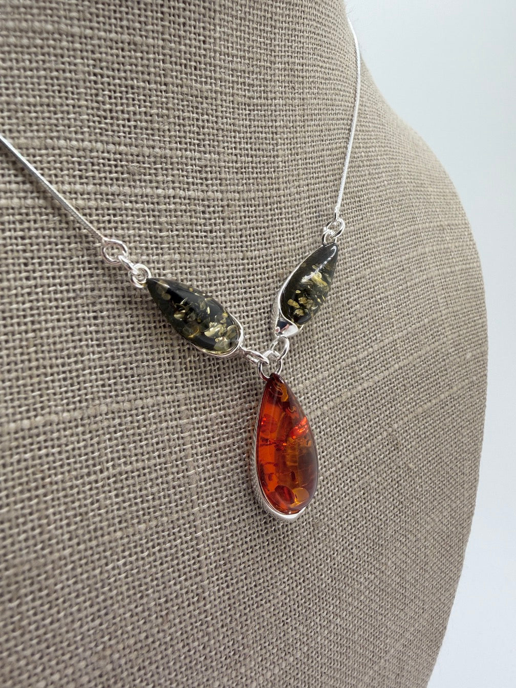 Handmade Sterling Silver & Genuine Baltic Amber Three-Stone Drop Necklace – Green & Cognac Baltic Amber