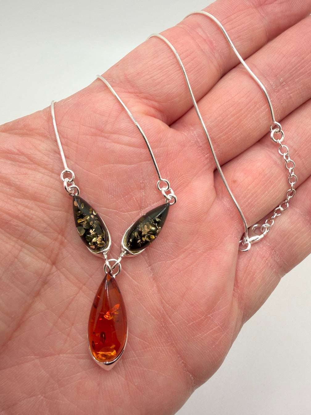 Handmade Sterling Silver & Genuine Baltic Amber Three-Stone Drop Necklace – Green & Cognac Baltic Amber