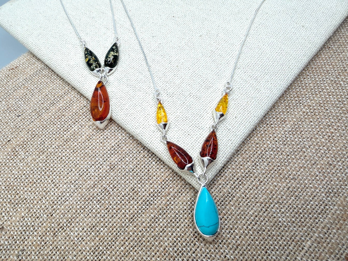 Handmade Sterling Silver & Genuine Baltic Amber Three-Stone Drop Necklace – Green & Cognac Baltic Amber