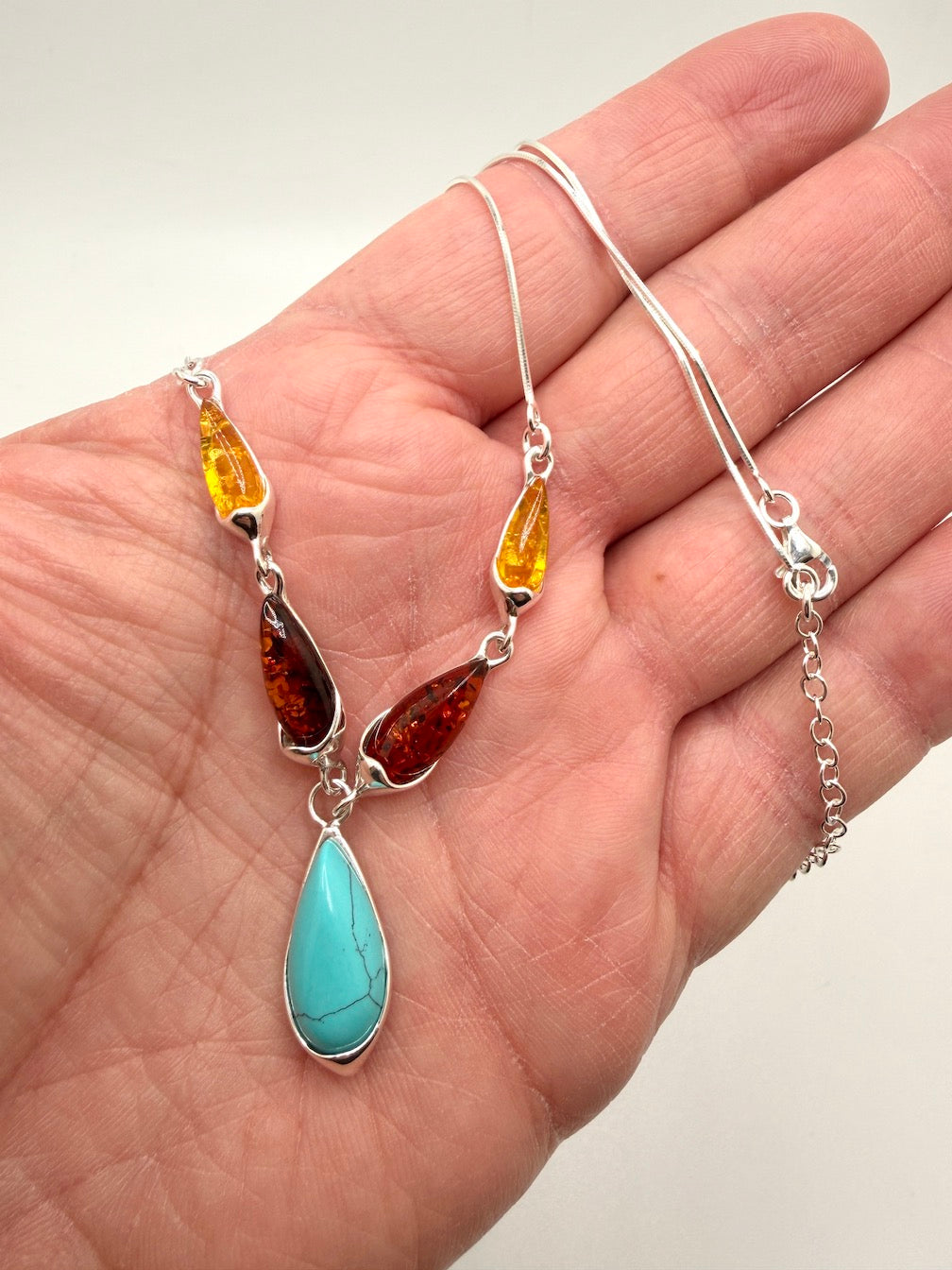 Handmade Sterling Silver & Genuine Baltic Amber Three-Stone Drop Necklace – Green & Cognac Baltic Amber