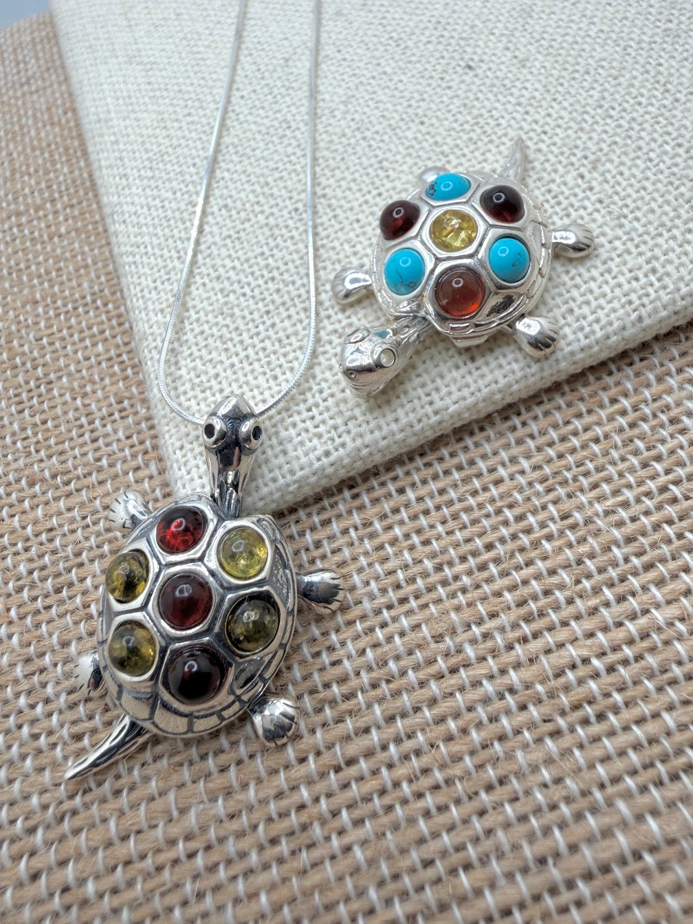 Handmade Sterling Silver & Genuine Baltic Amber Turtle Pendant