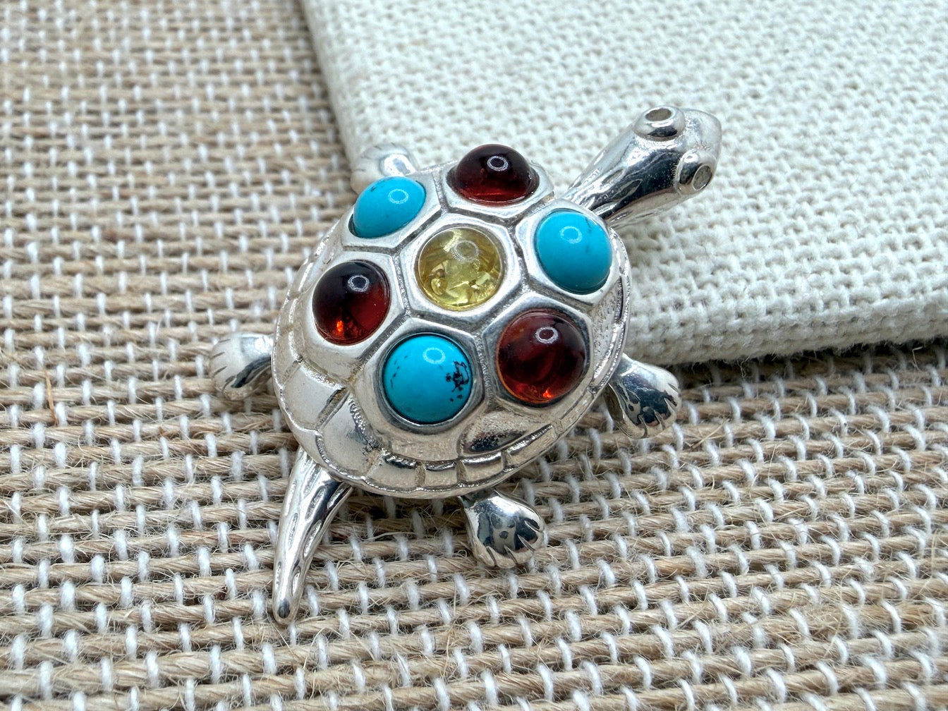 Handmade Sterling Silver & Genuine Baltic Amber Turtle Pendant