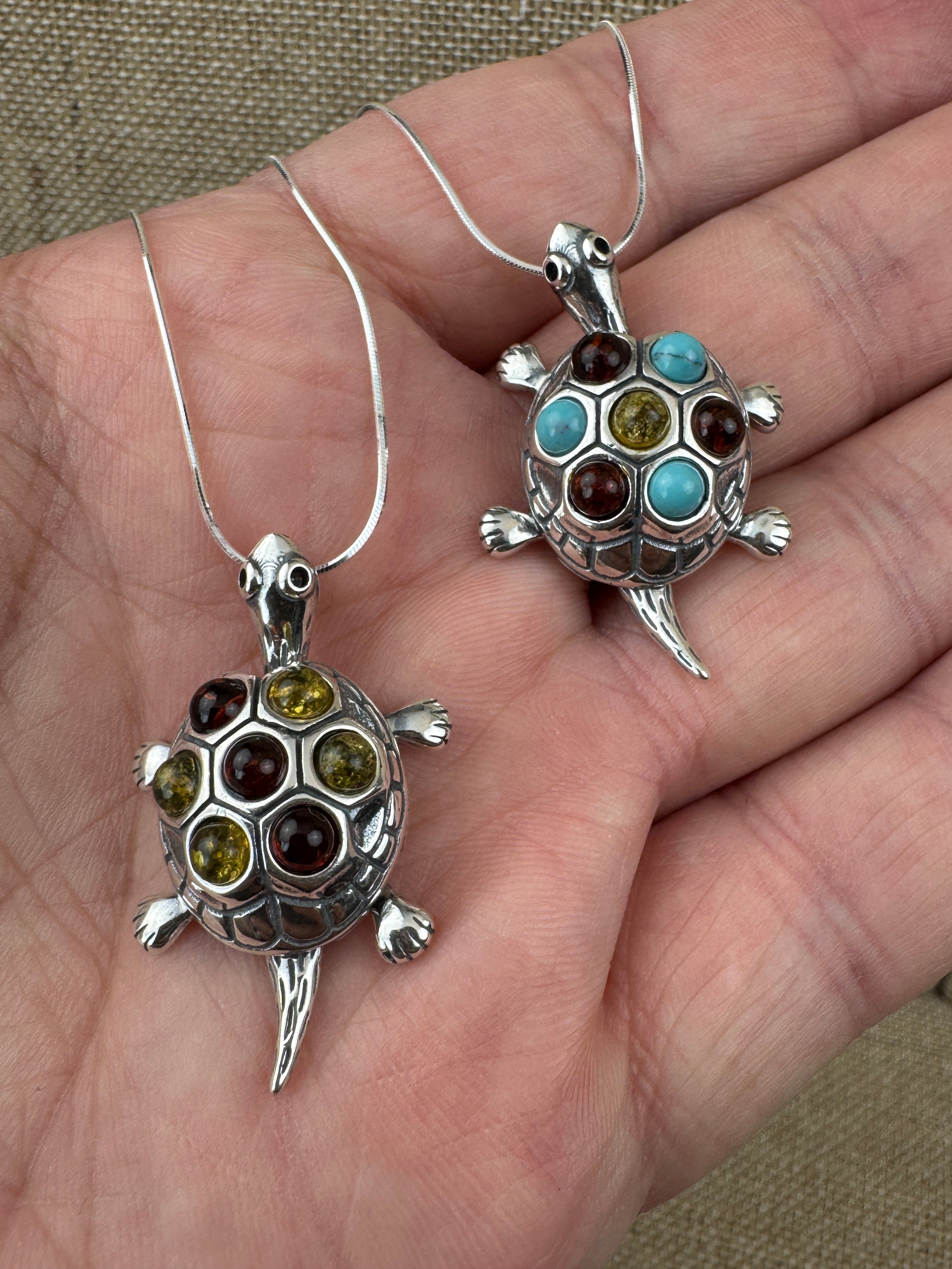 Handmade Sterling Silver & Genuine Baltic Amber Turtle Pendant