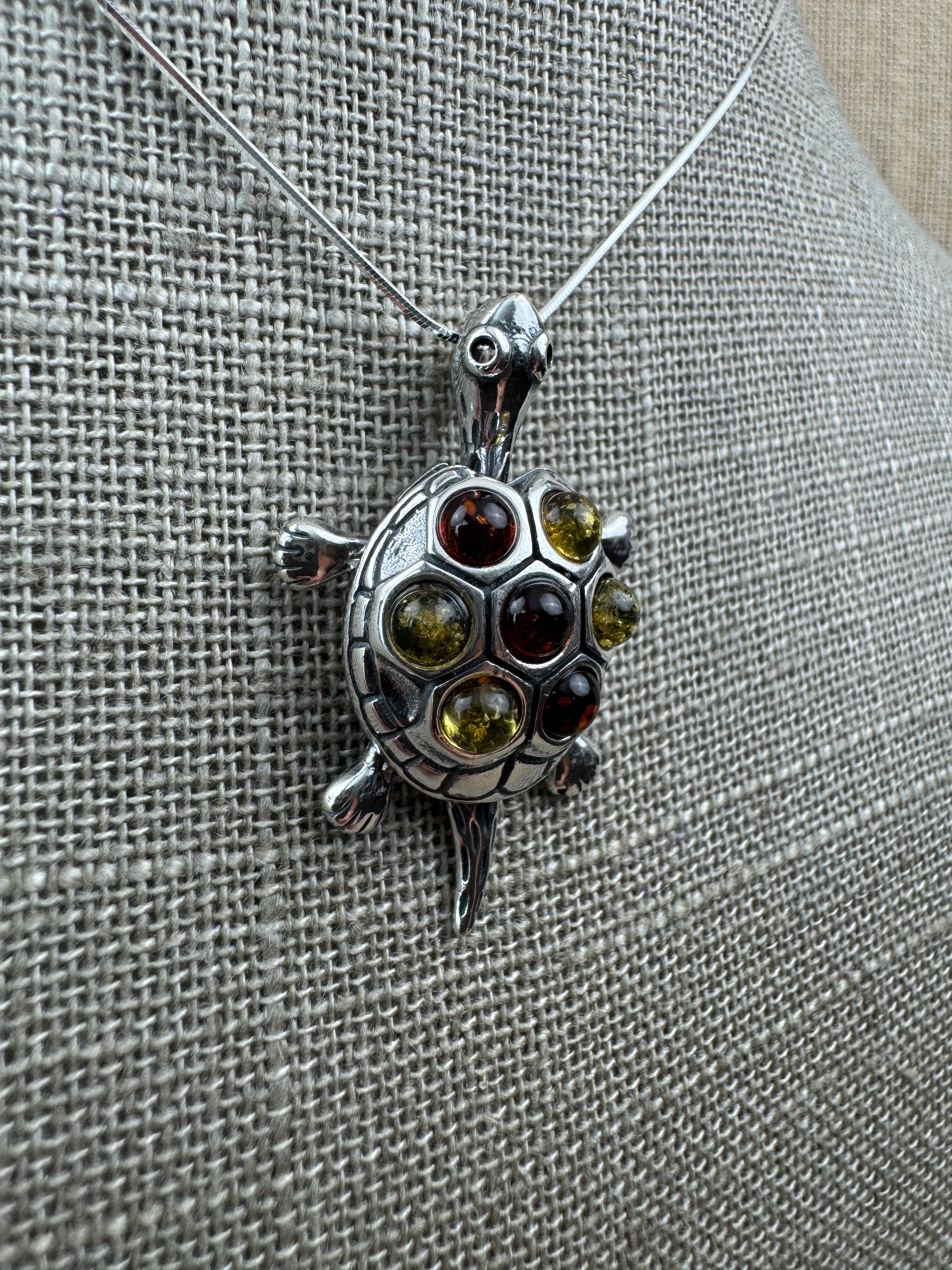 Handmade Sterling Silver & Genuine Baltic Amber Turtle Pendant