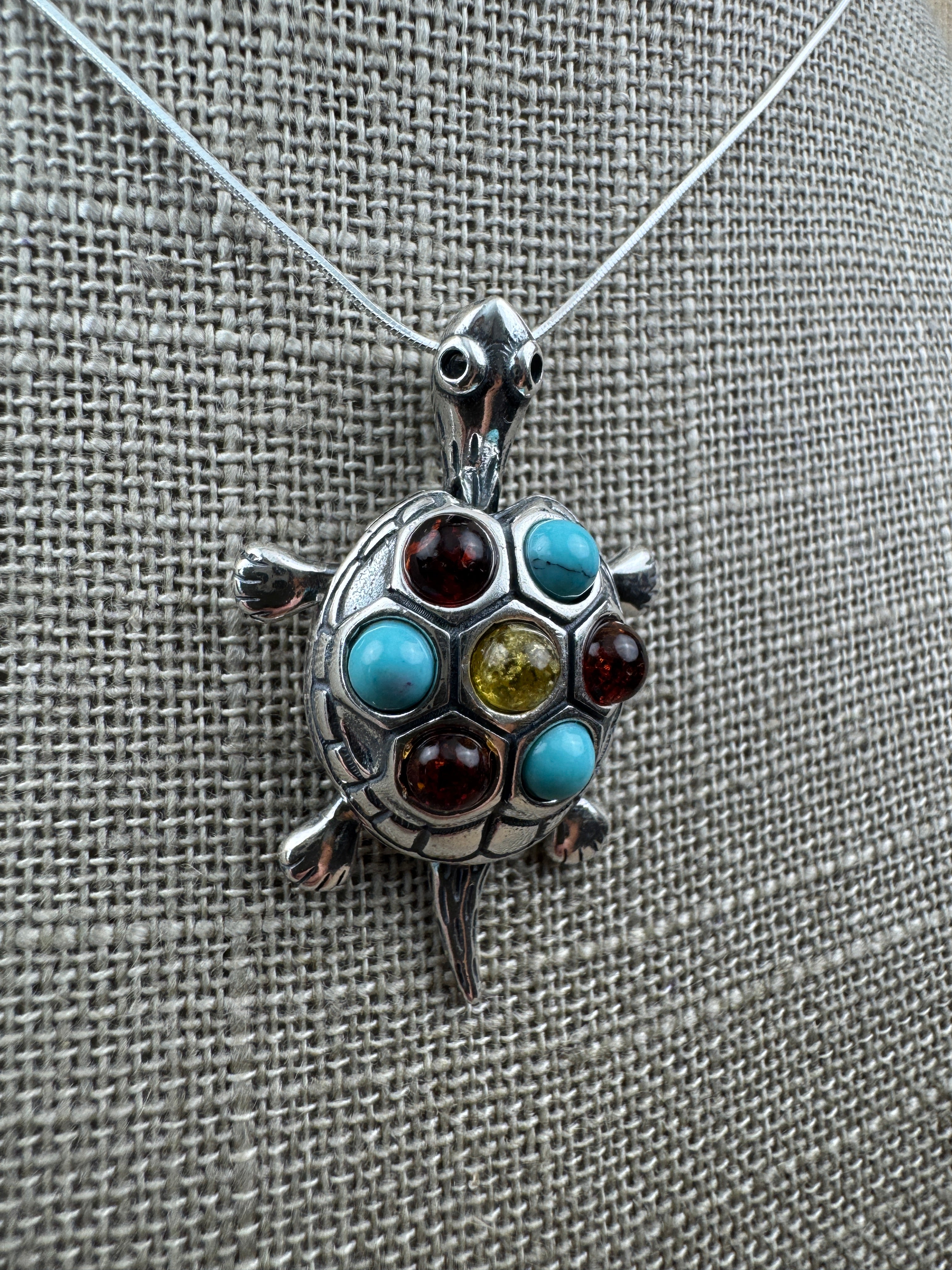 Handmade Sterling Silver & Genuine Baltic Amber Turtle Pendant