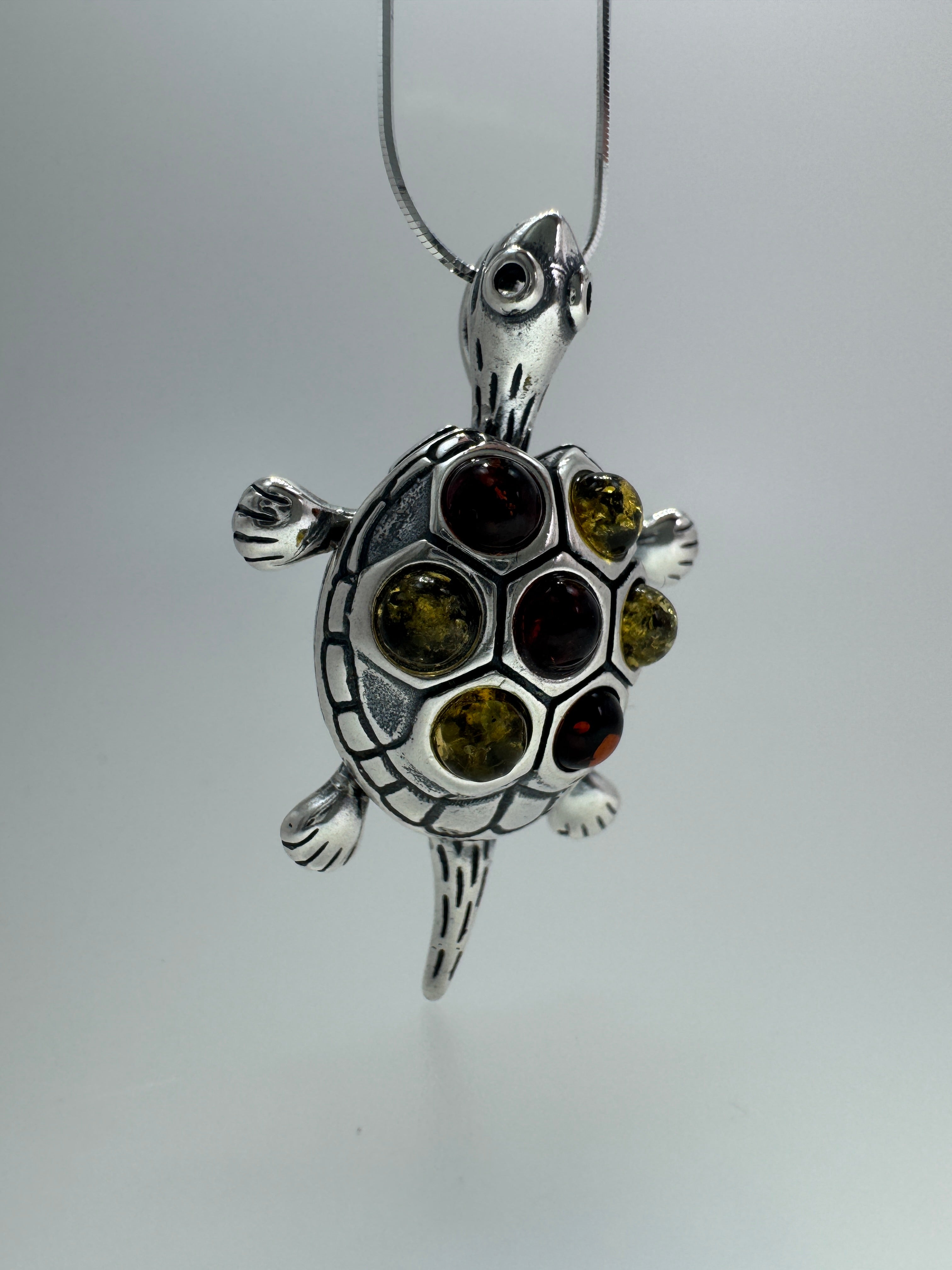 Handmade Sterling Silver & Genuine Baltic Amber Turtle Pendant