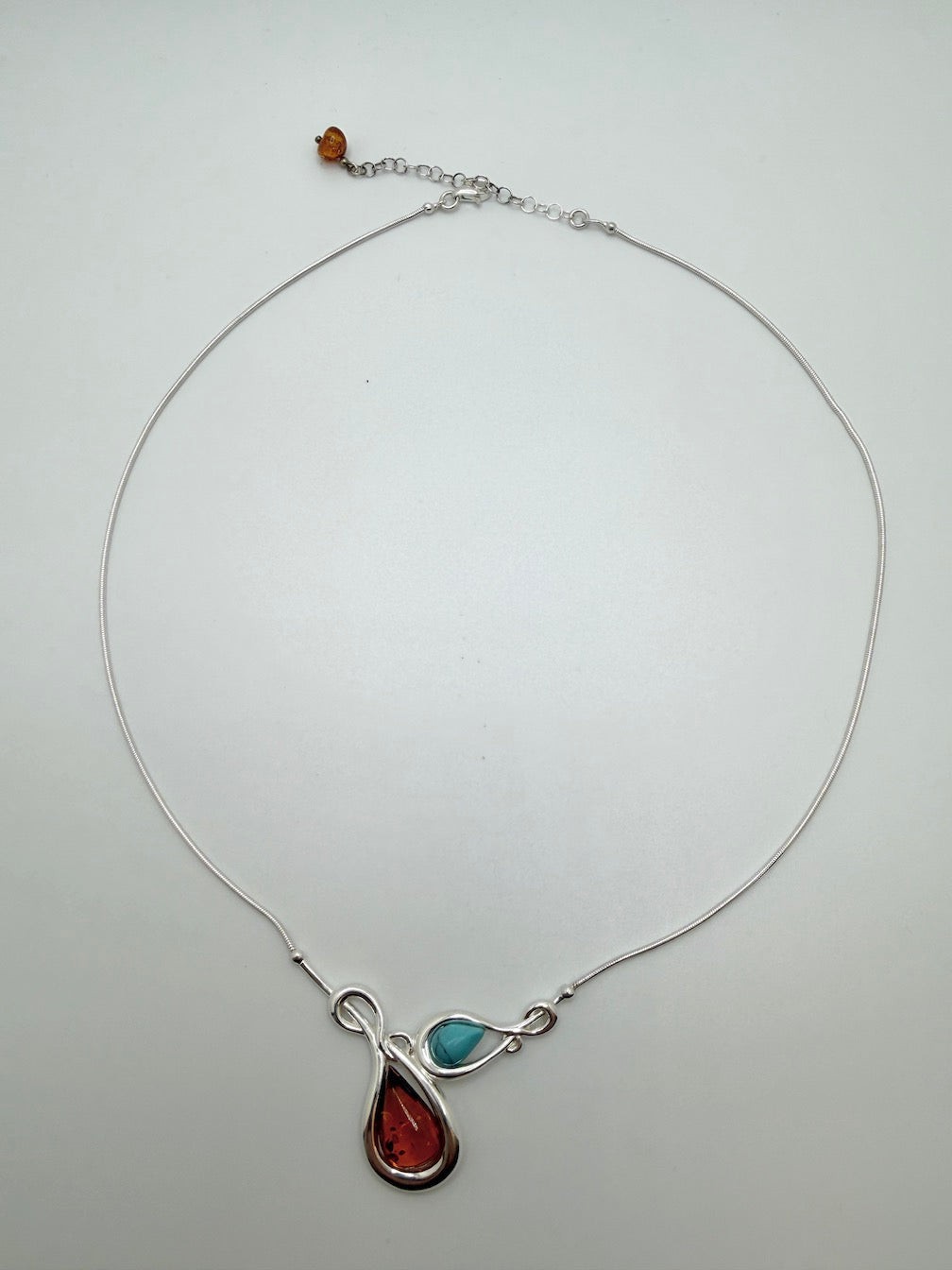 Handmade Sterling Silver & Genuine Baltic Amber Two-Stone Drop Necklace – Amber and Turquoise