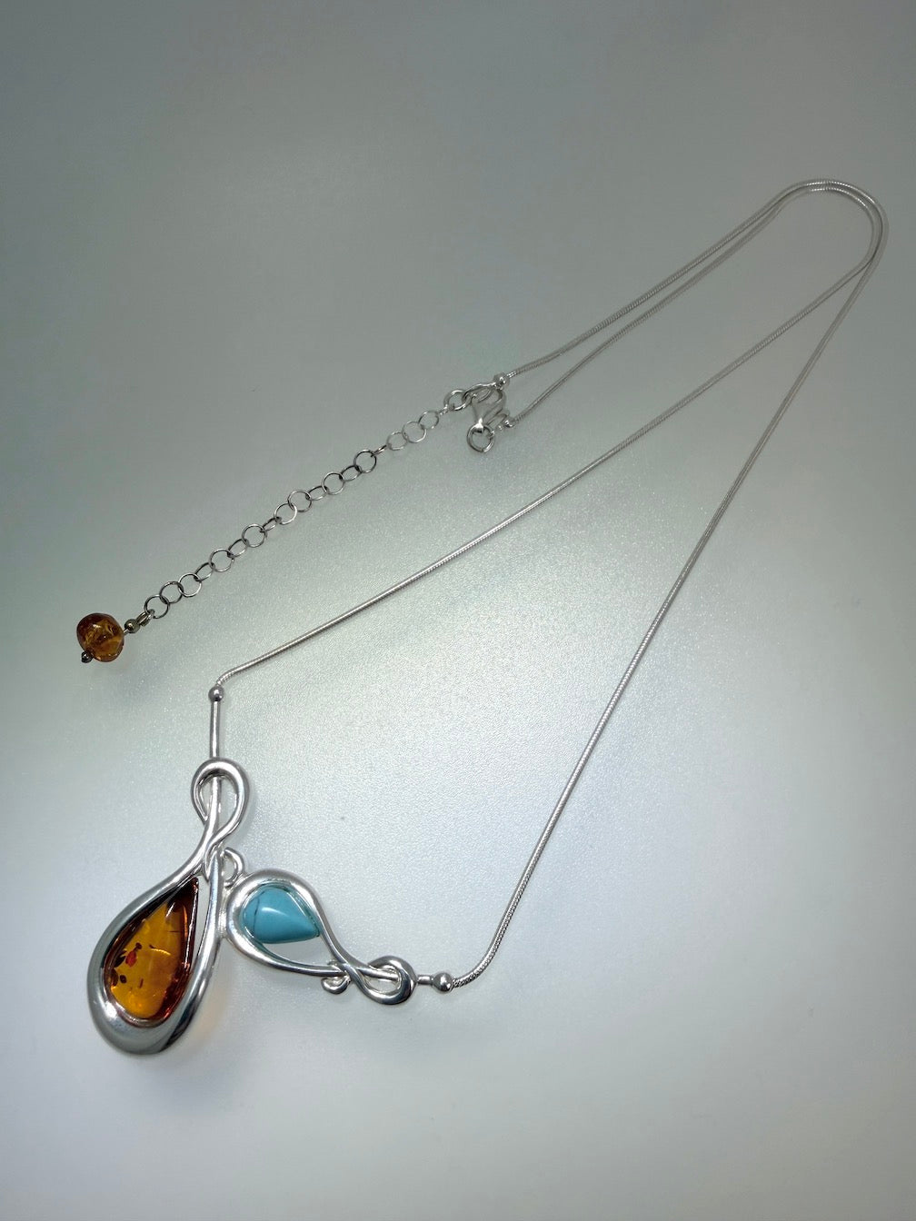 Handmade Sterling Silver & Genuine Baltic Amber Two-Stone Drop Necklace – Amber and Turquoise